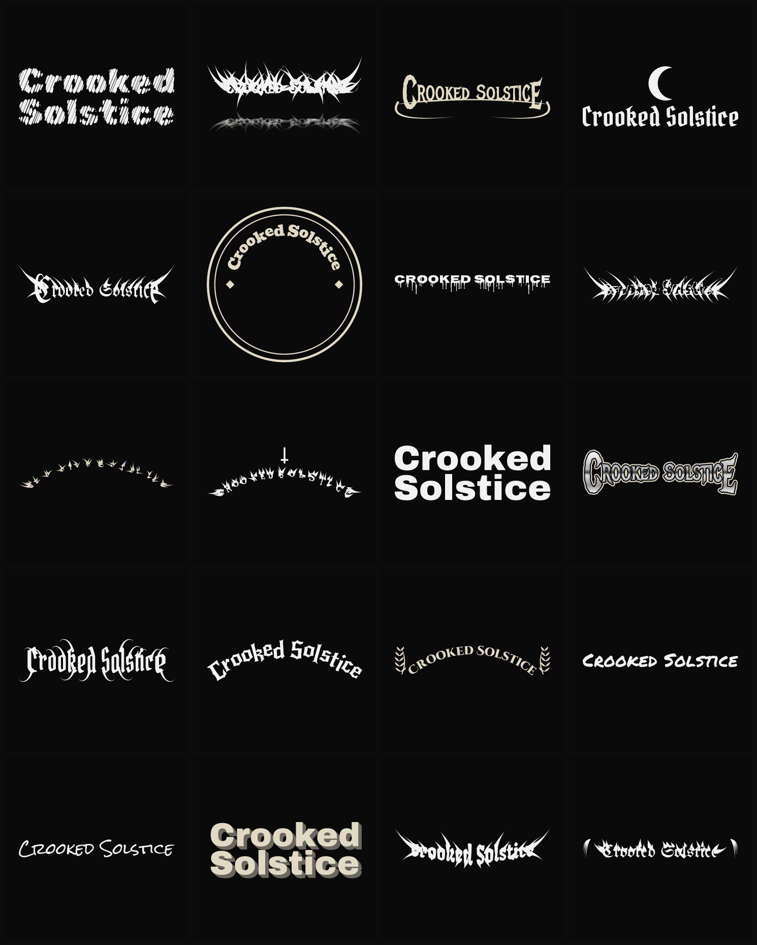 Twenty Crooked Solstice band logo ideas — different faces, treatments and spike settings