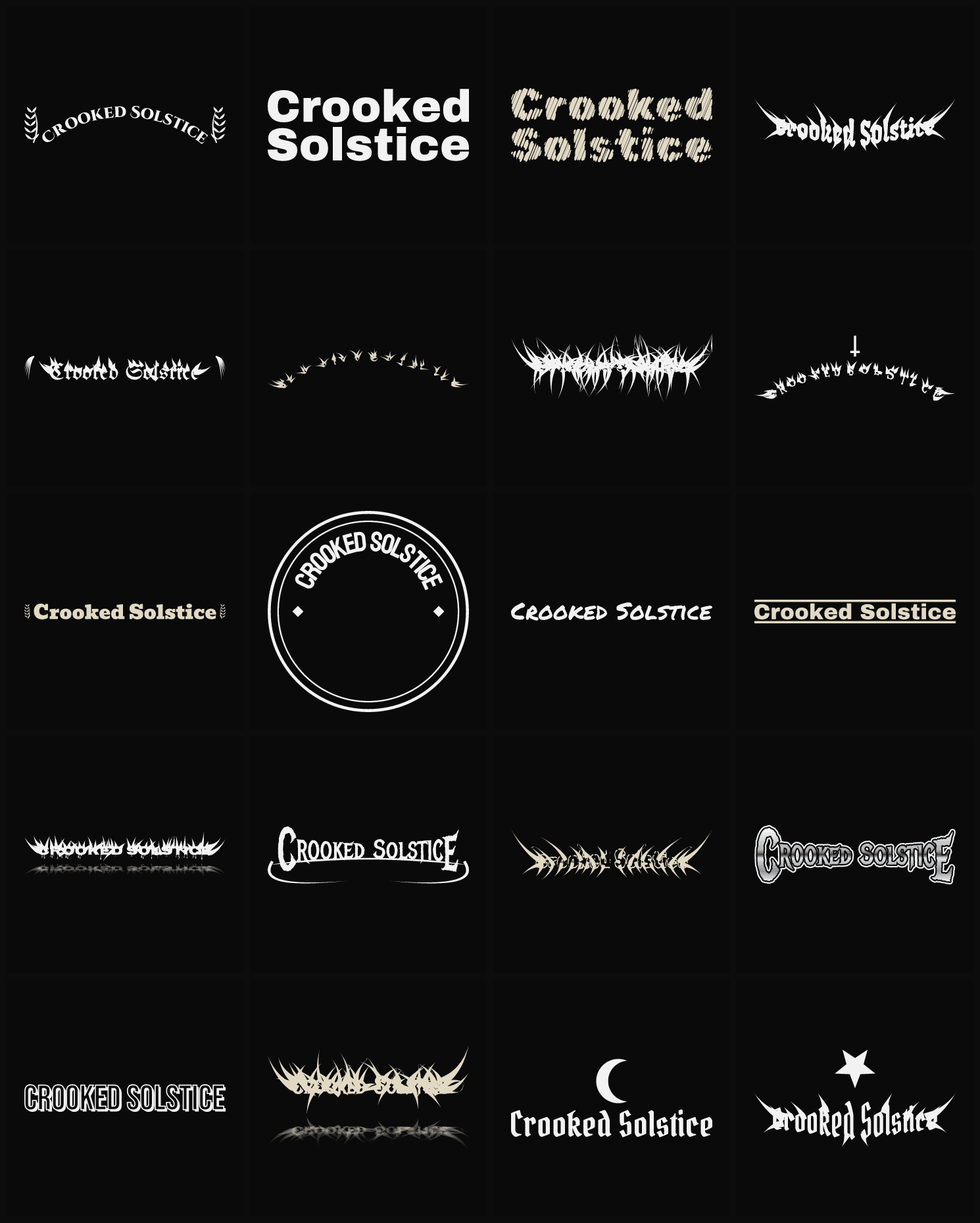Twenty Crooked Solstice band logo ideas — different faces, treatments and spike settings