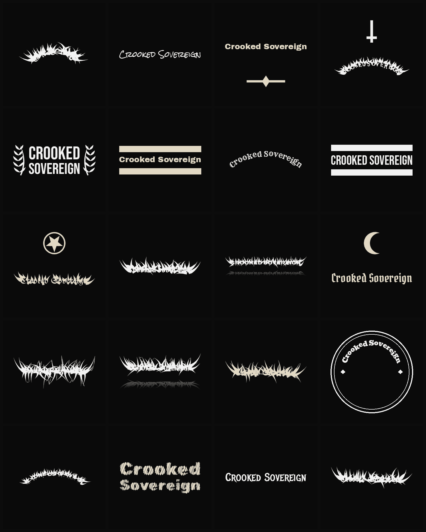 Twenty Crooked Sovereign band logo ideas — different faces, treatments and spike settings