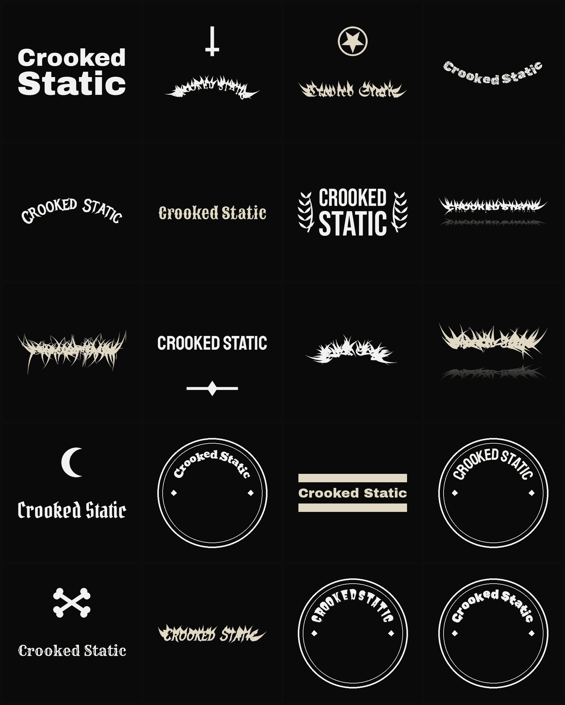 Twenty Crooked Static band logo ideas — different faces, treatments and spike settings