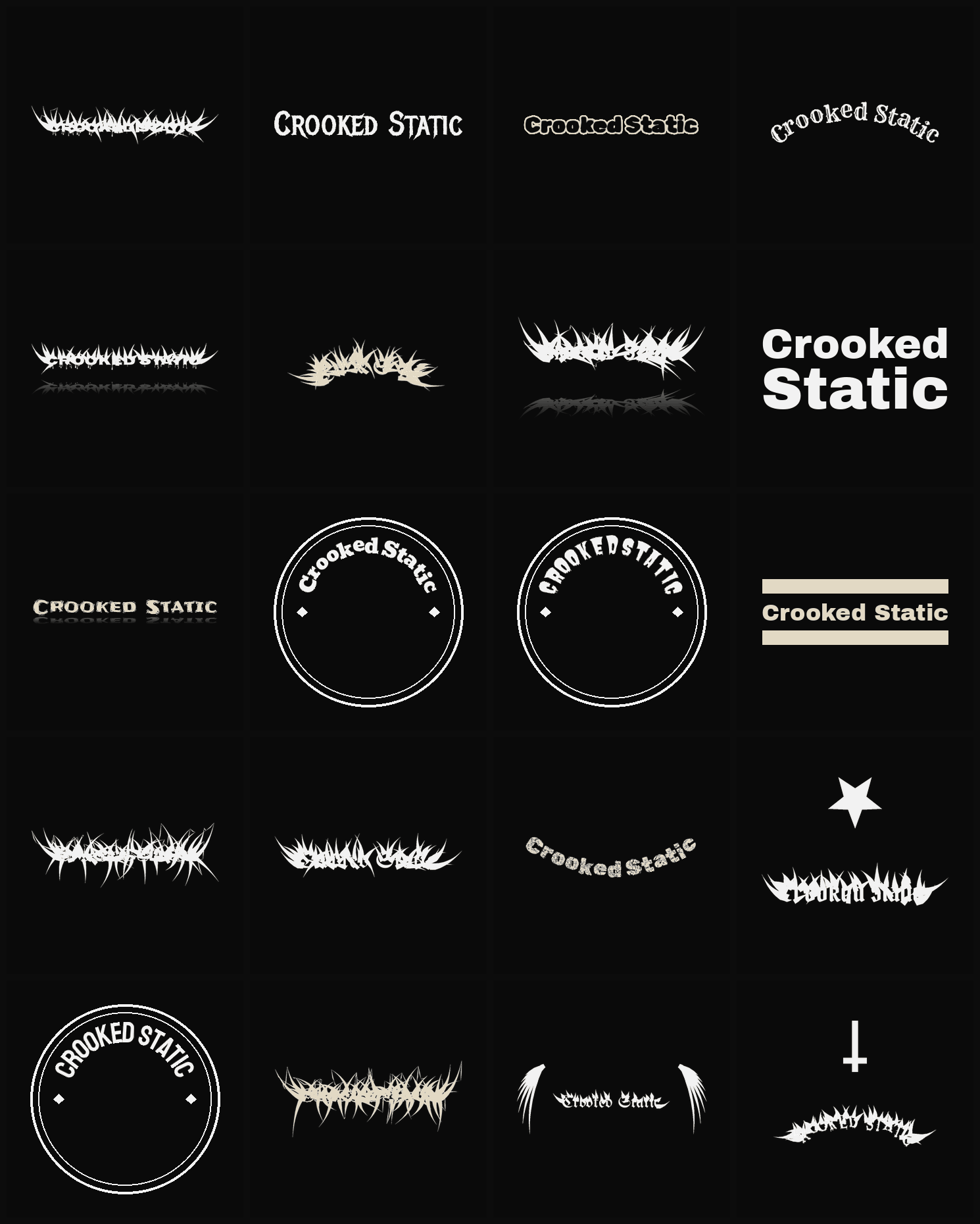 Twenty Crooked Static band logo ideas — different faces, treatments and spike settings