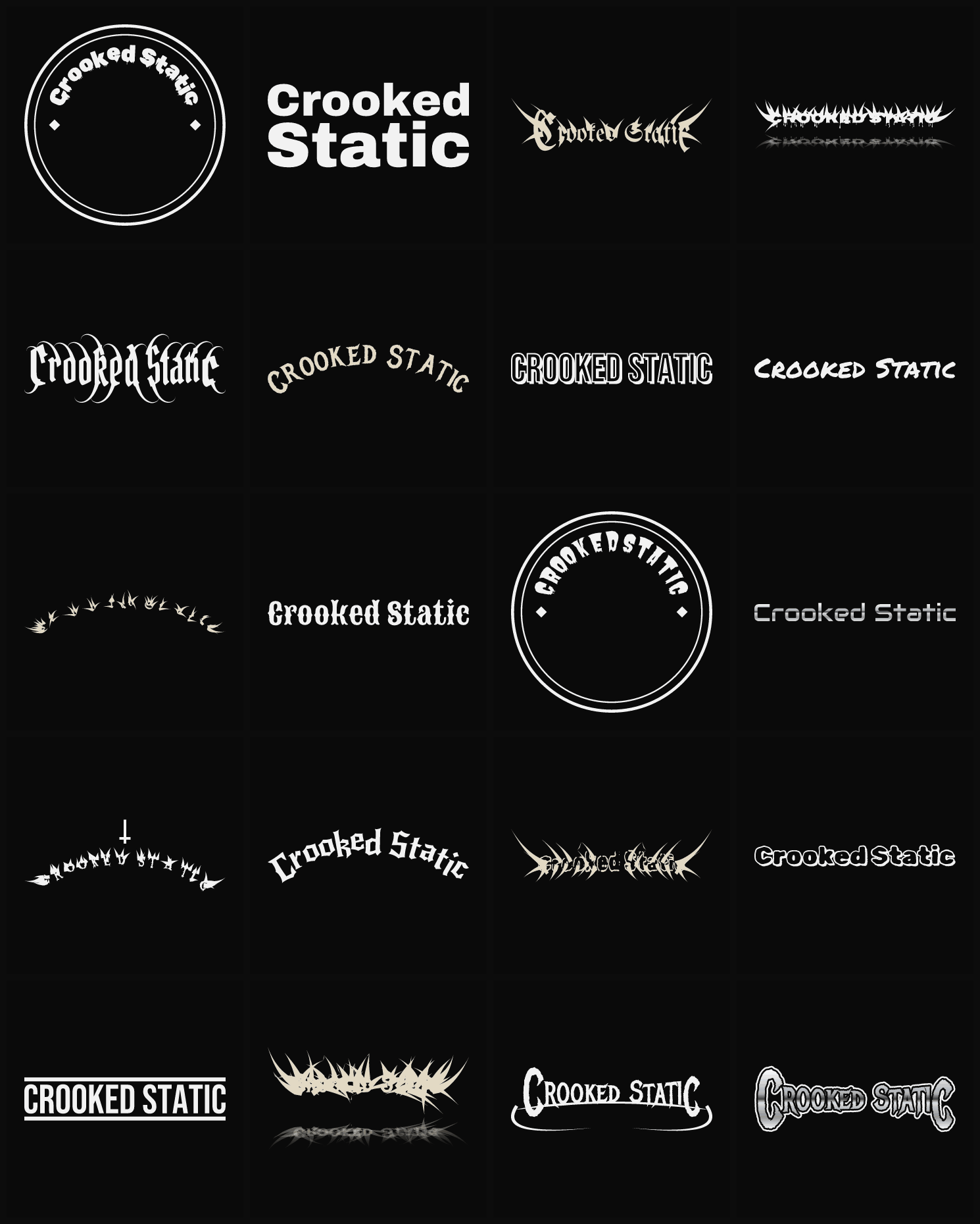 Twenty Crooked Static band logo ideas — different faces, treatments and spike settings