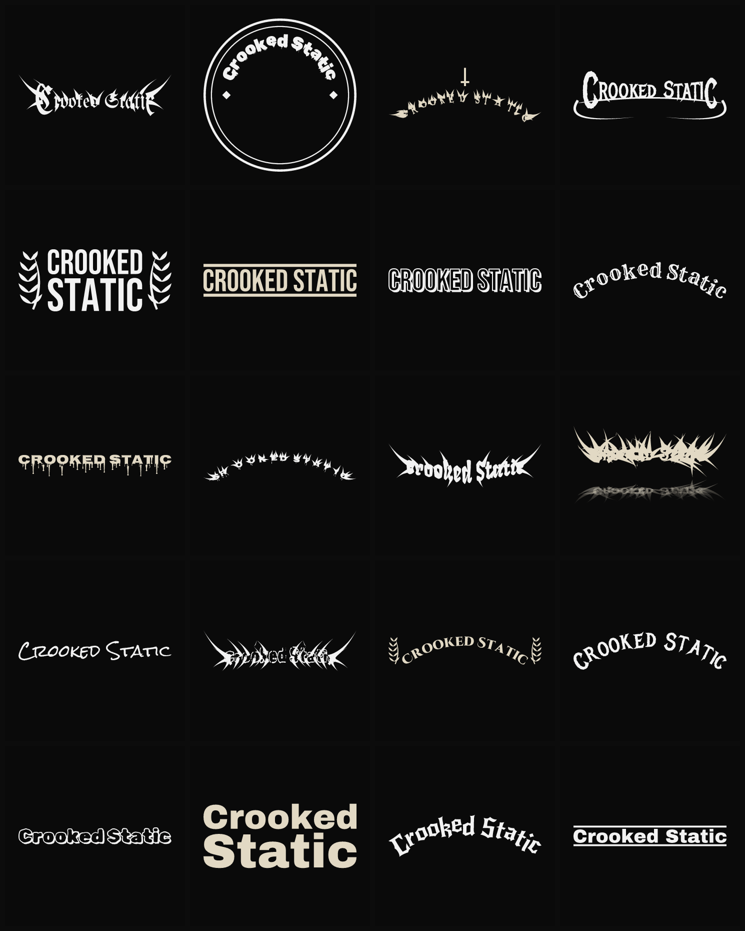 Twenty Crooked Static band logo ideas — different faces, treatments and spike settings