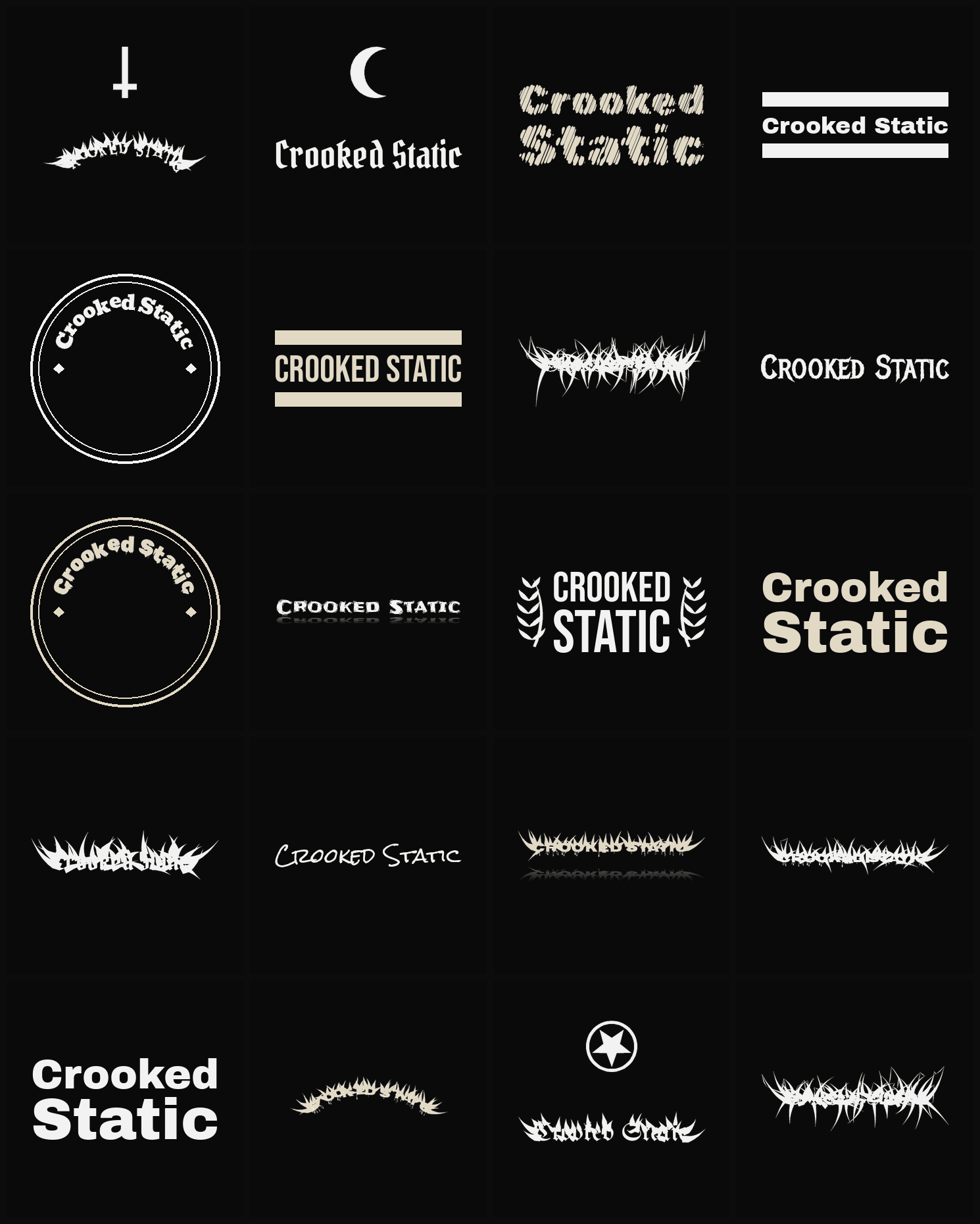 Twenty Crooked Static band logo ideas — different faces, treatments and spike settings