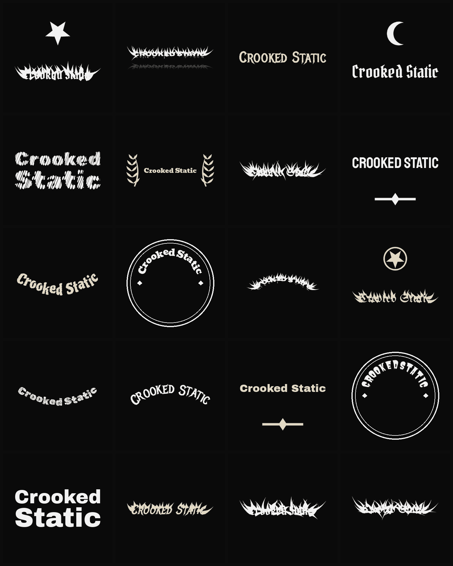 Twenty Crooked Static band logo ideas — different faces, treatments and spike settings