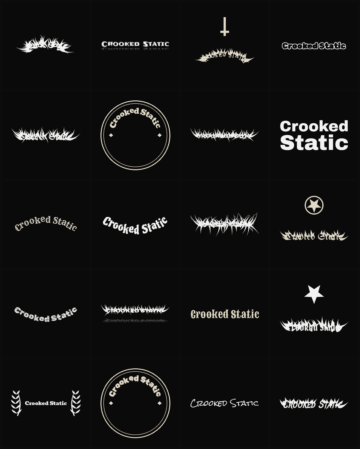 Twenty Crooked Static band logo ideas — different faces, treatments and spike settings