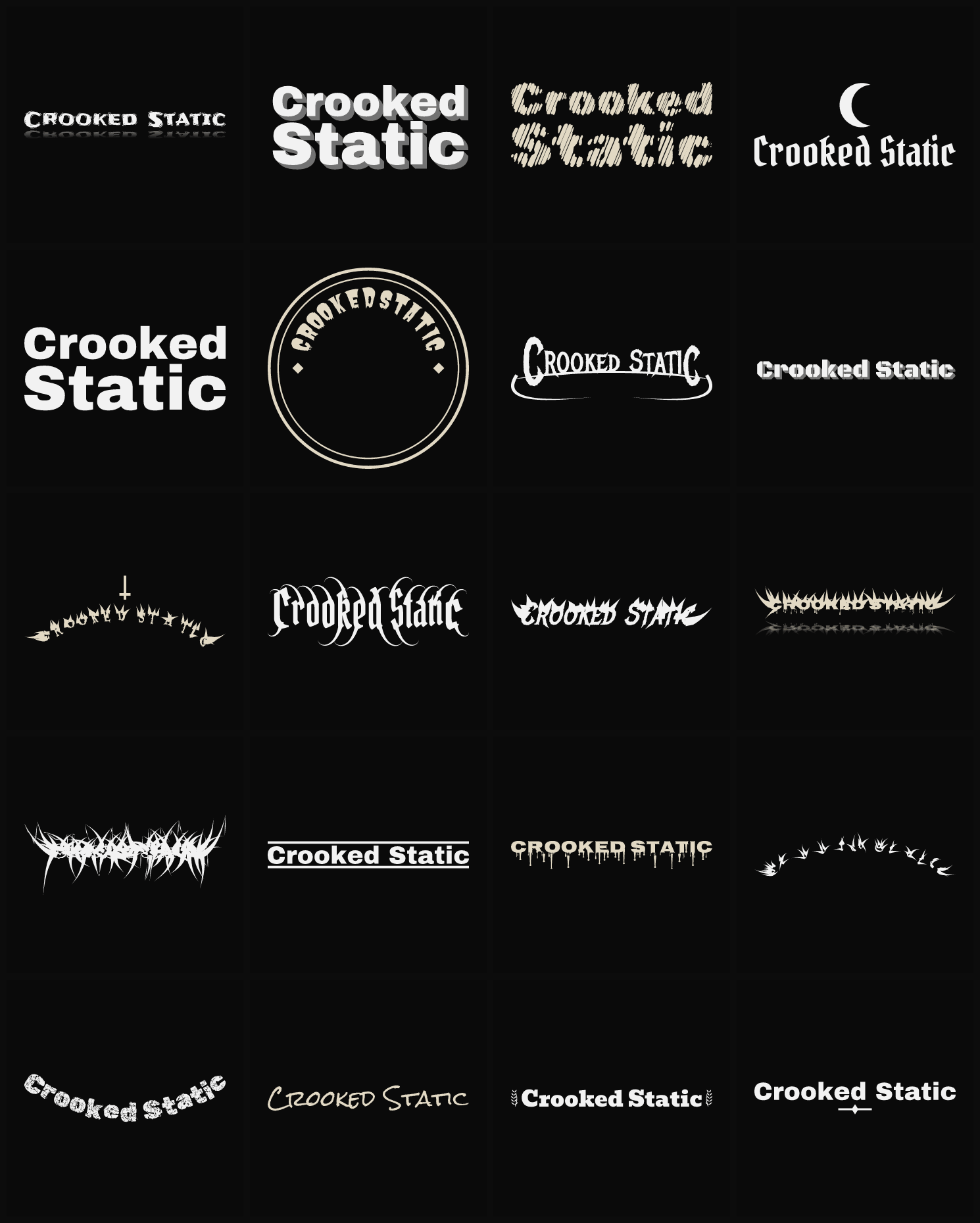 Twenty Crooked Static band logo ideas — different faces, treatments and spike settings