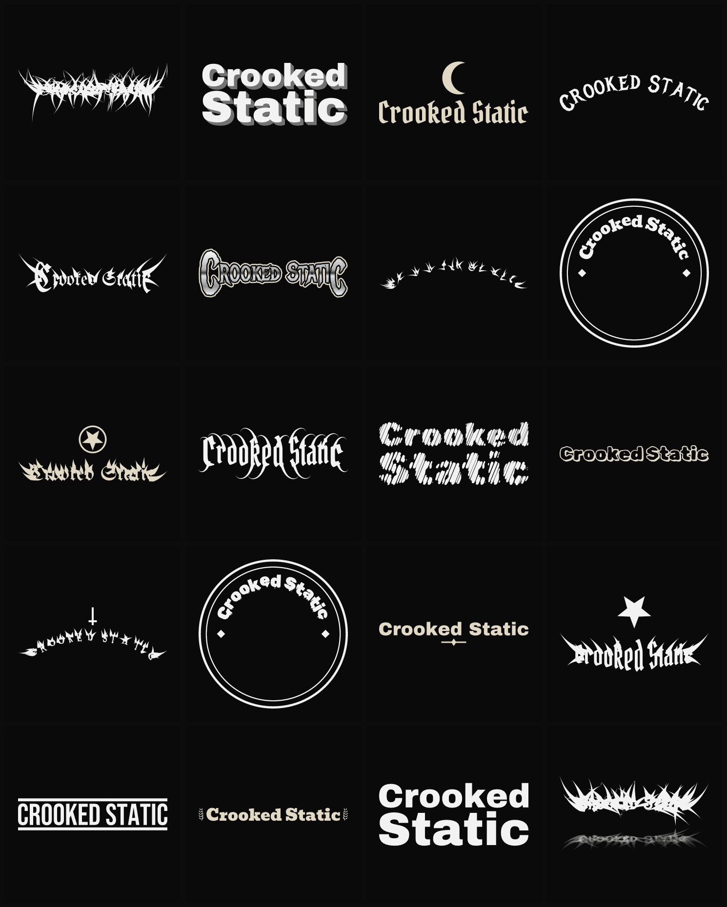Twenty Crooked Static band logo ideas — different faces, treatments and spike settings