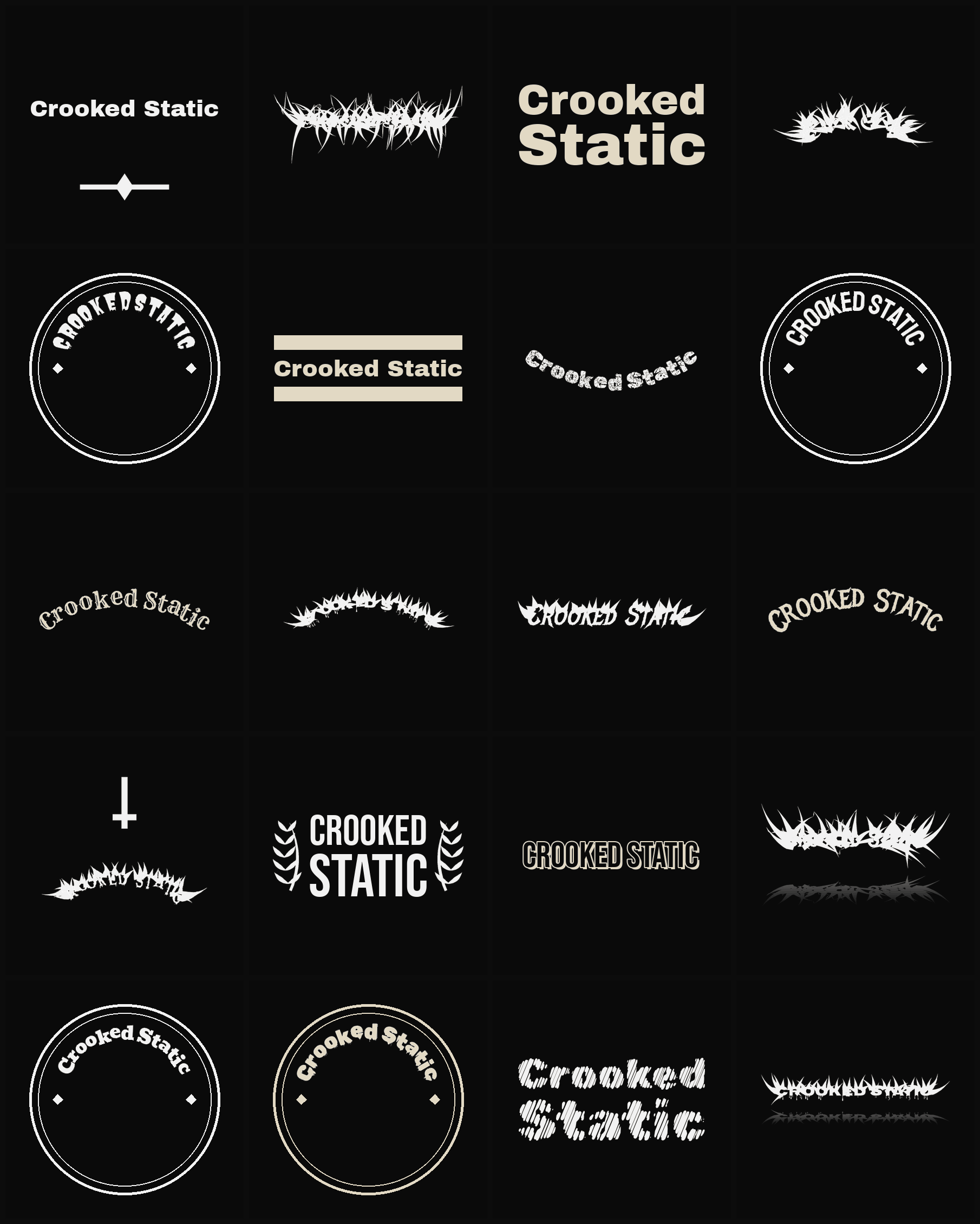 Twenty Crooked Static band logo ideas — different faces, treatments and spike settings