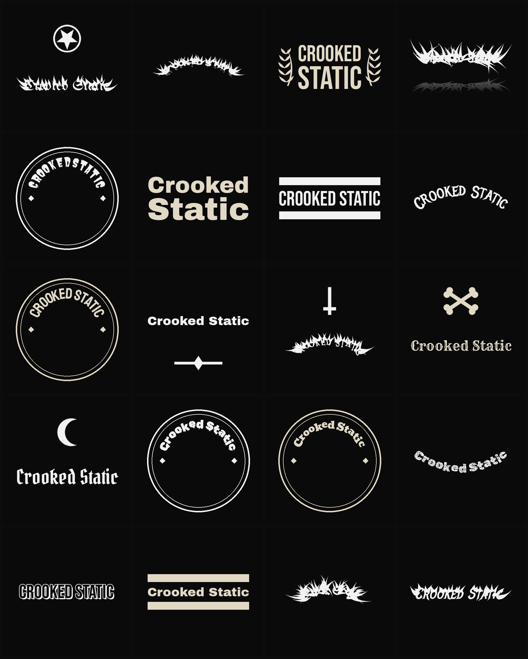 Twenty Crooked Static band logo ideas — different faces, treatments and spike settings
