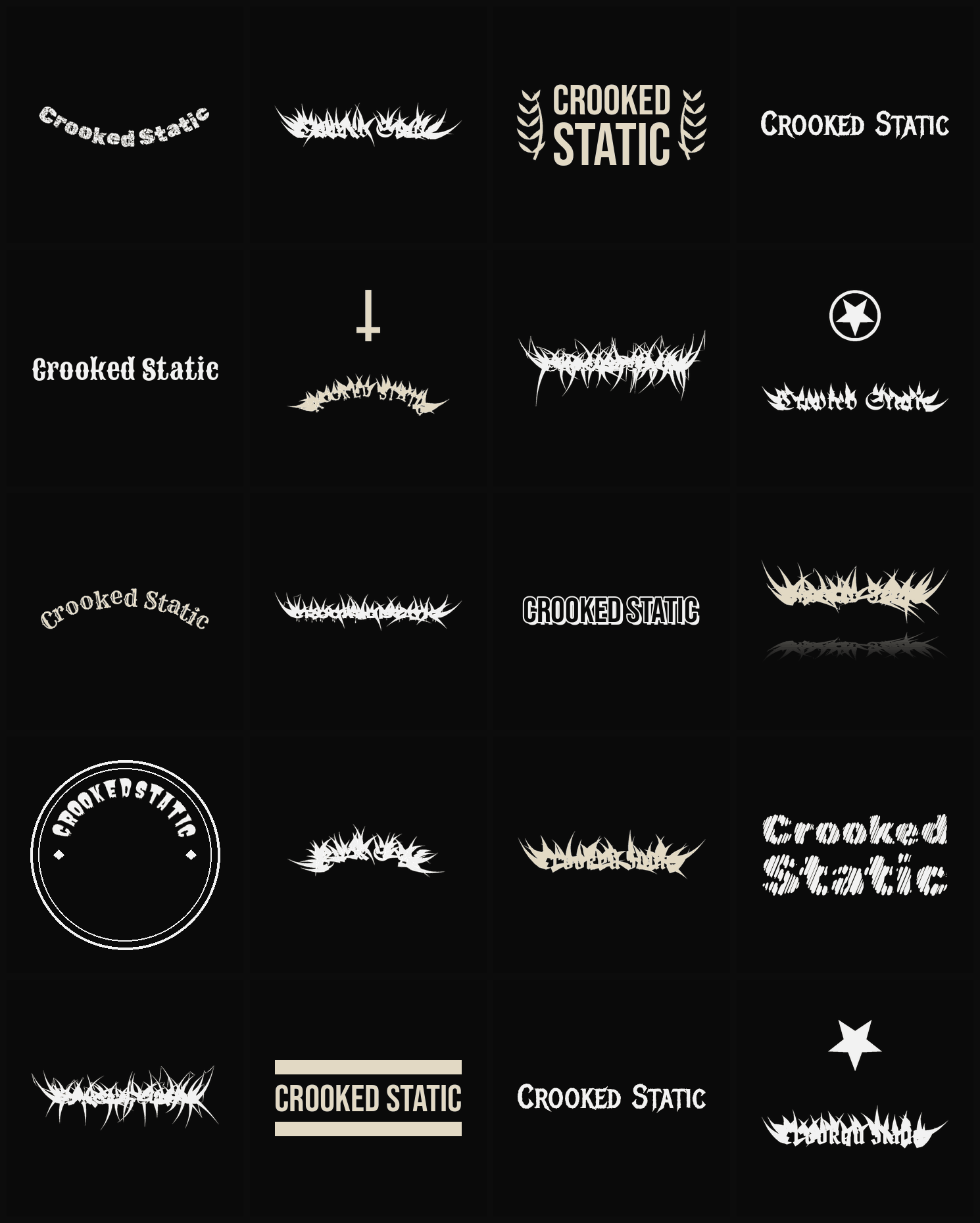 Twenty Crooked Static band logo ideas — different faces, treatments and spike settings