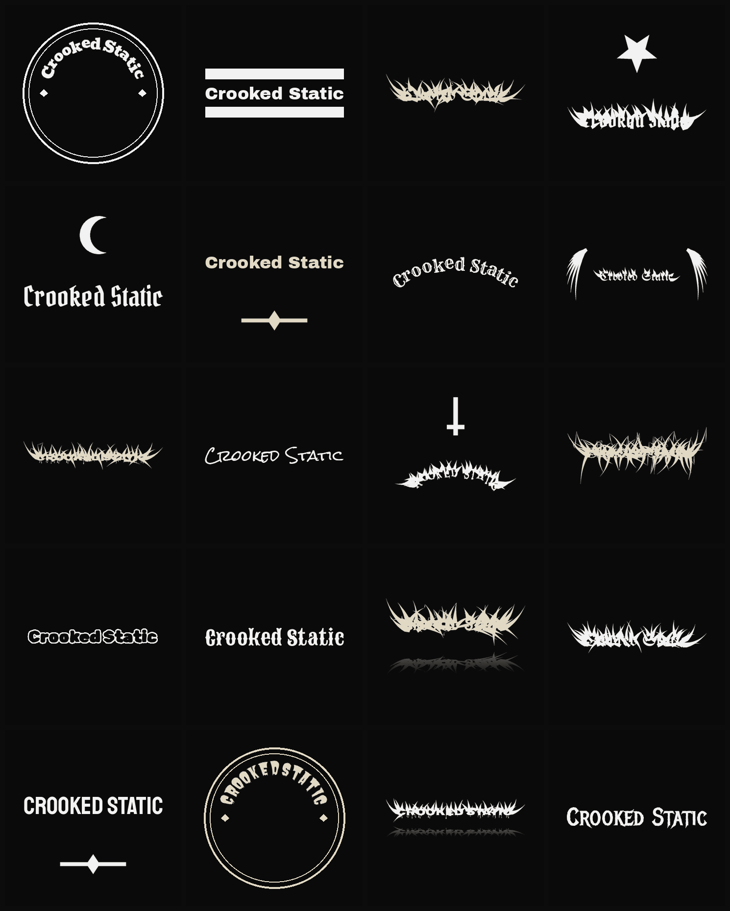 Twenty Crooked Static band logo ideas — different faces, treatments and spike settings