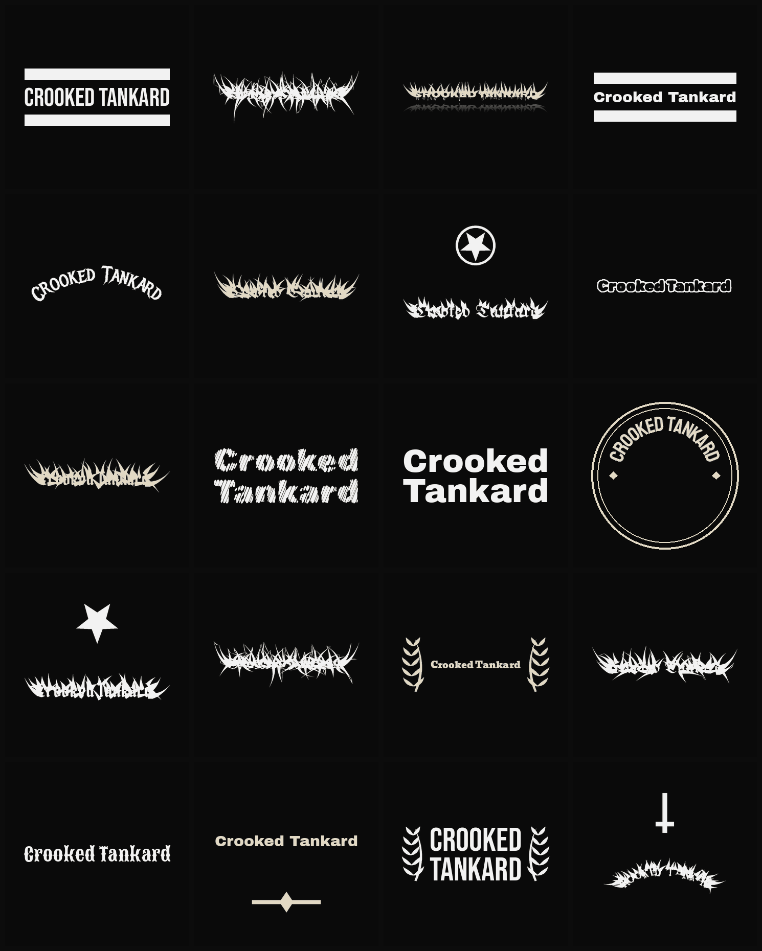 Twenty Crooked Tankard band logo ideas — different faces, treatments and spike settings