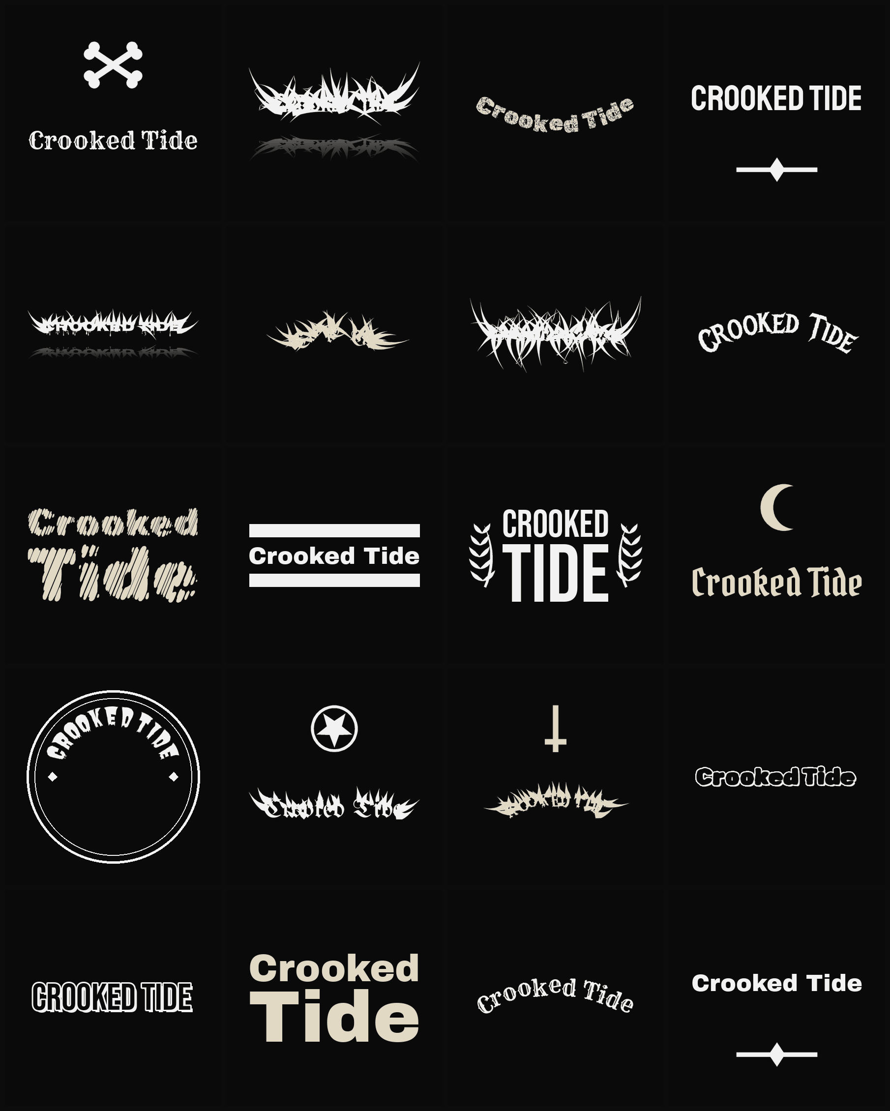 Twenty Crooked Tide band logo ideas — different faces, treatments and spike settings