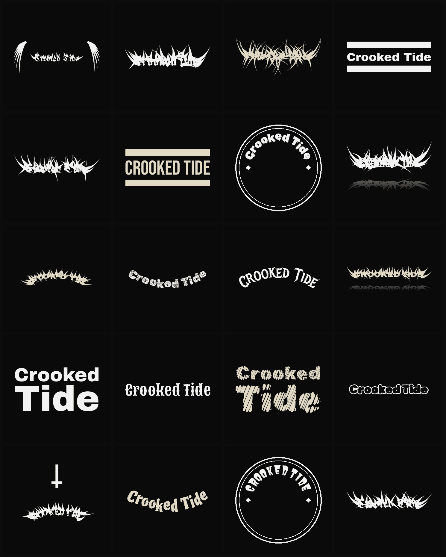 Twenty Crooked Tide band logo ideas — different faces, treatments and spike settings