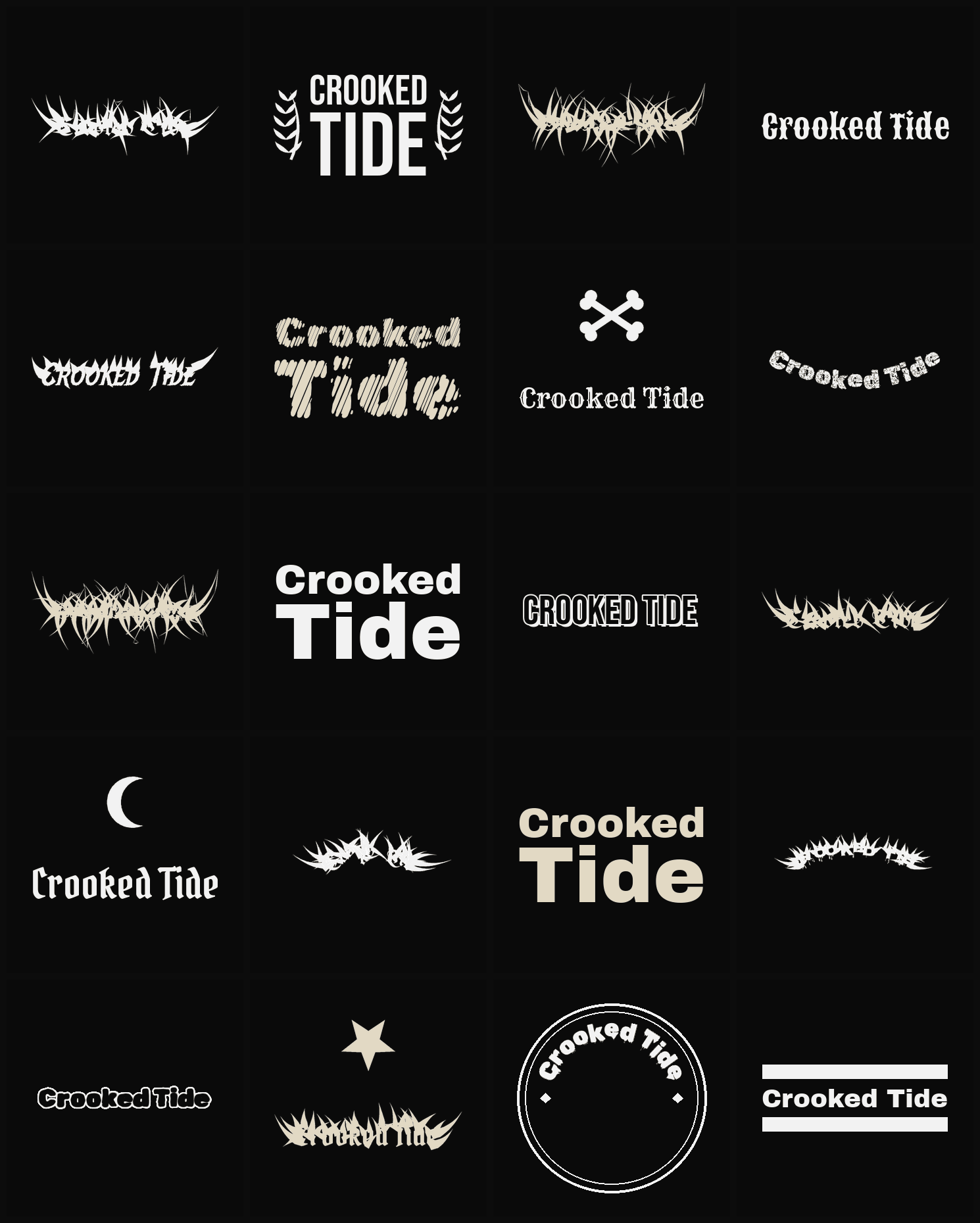 Twenty Crooked Tide band logo ideas — different faces, treatments and spike settings