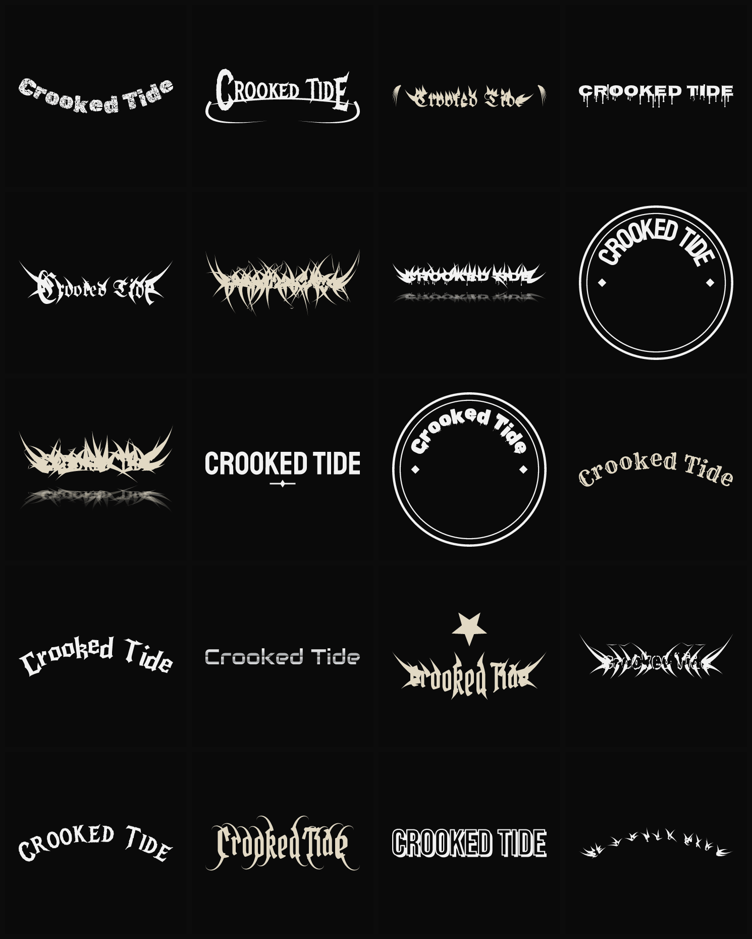 Twenty Crooked Tide band logo ideas — different faces, treatments and spike settings