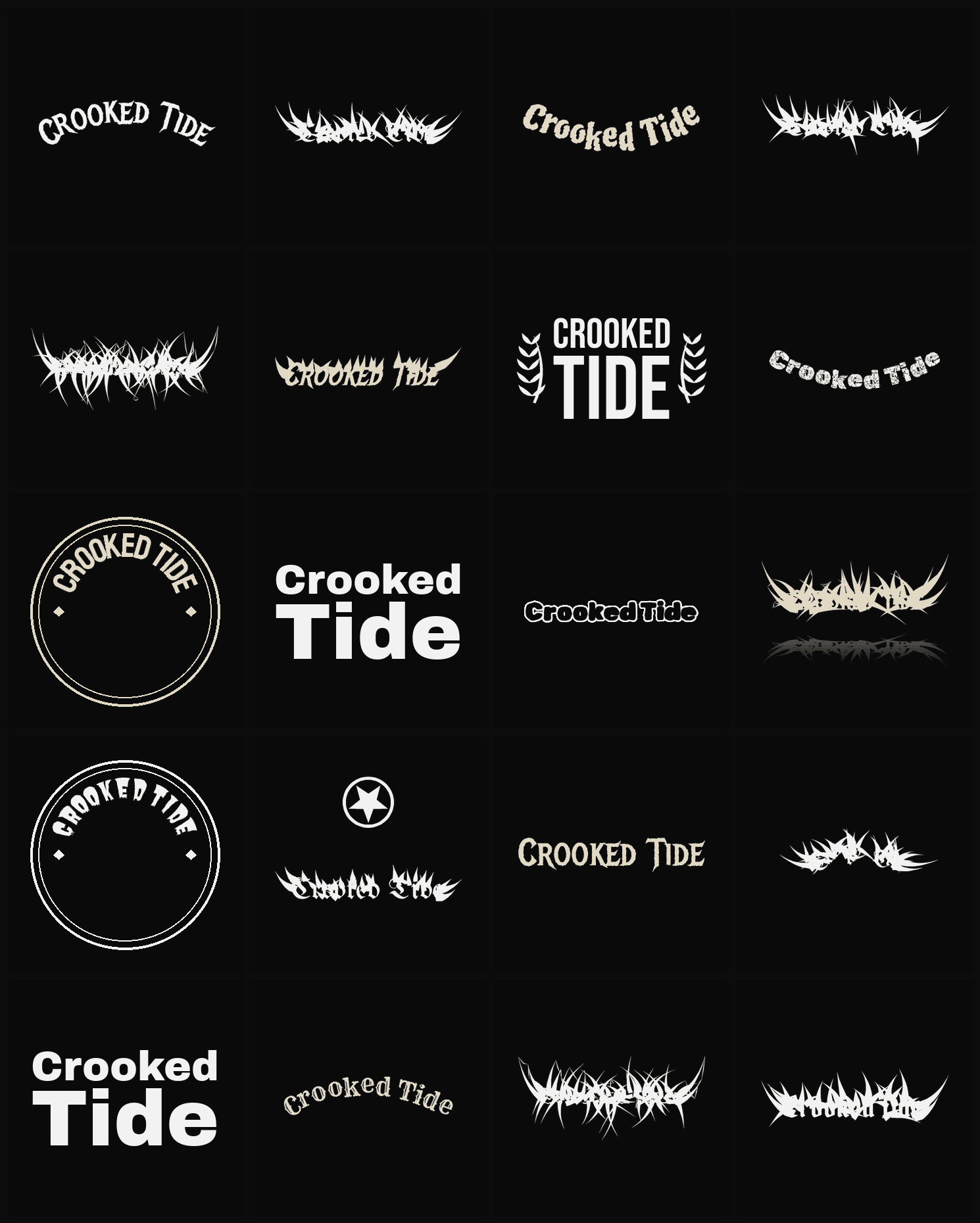 Twenty Crooked Tide band logo ideas — different faces, treatments and spike settings