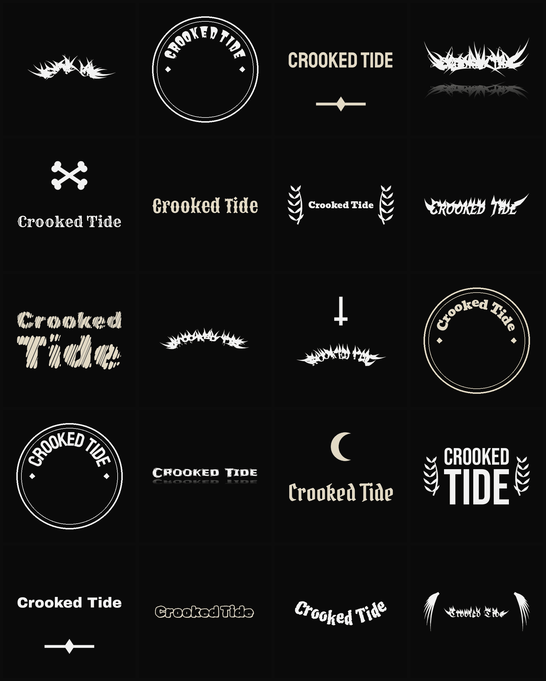 Twenty Crooked Tide band logo ideas — different faces, treatments and spike settings