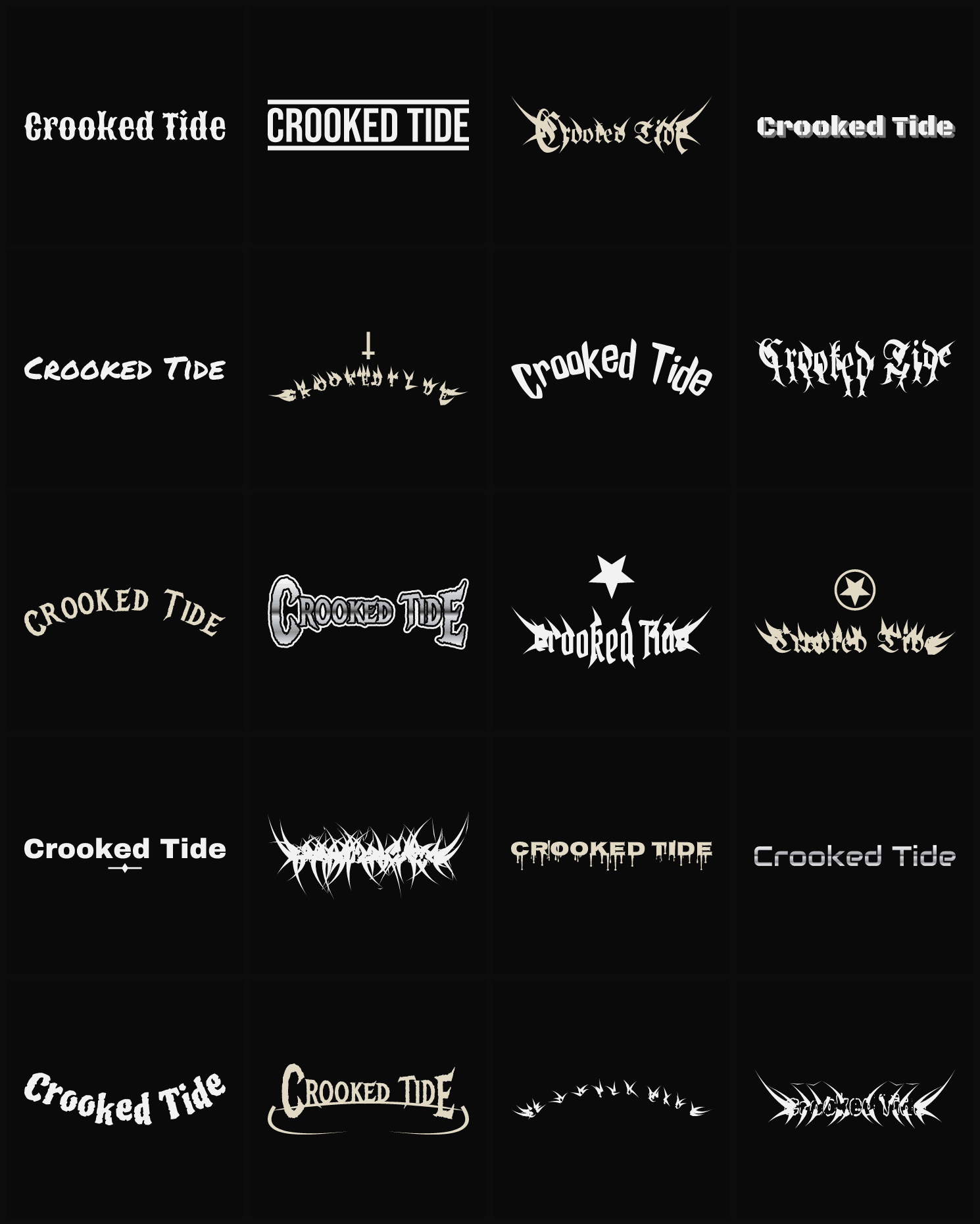 Twenty Crooked Tide band logo ideas — different faces, treatments and spike settings