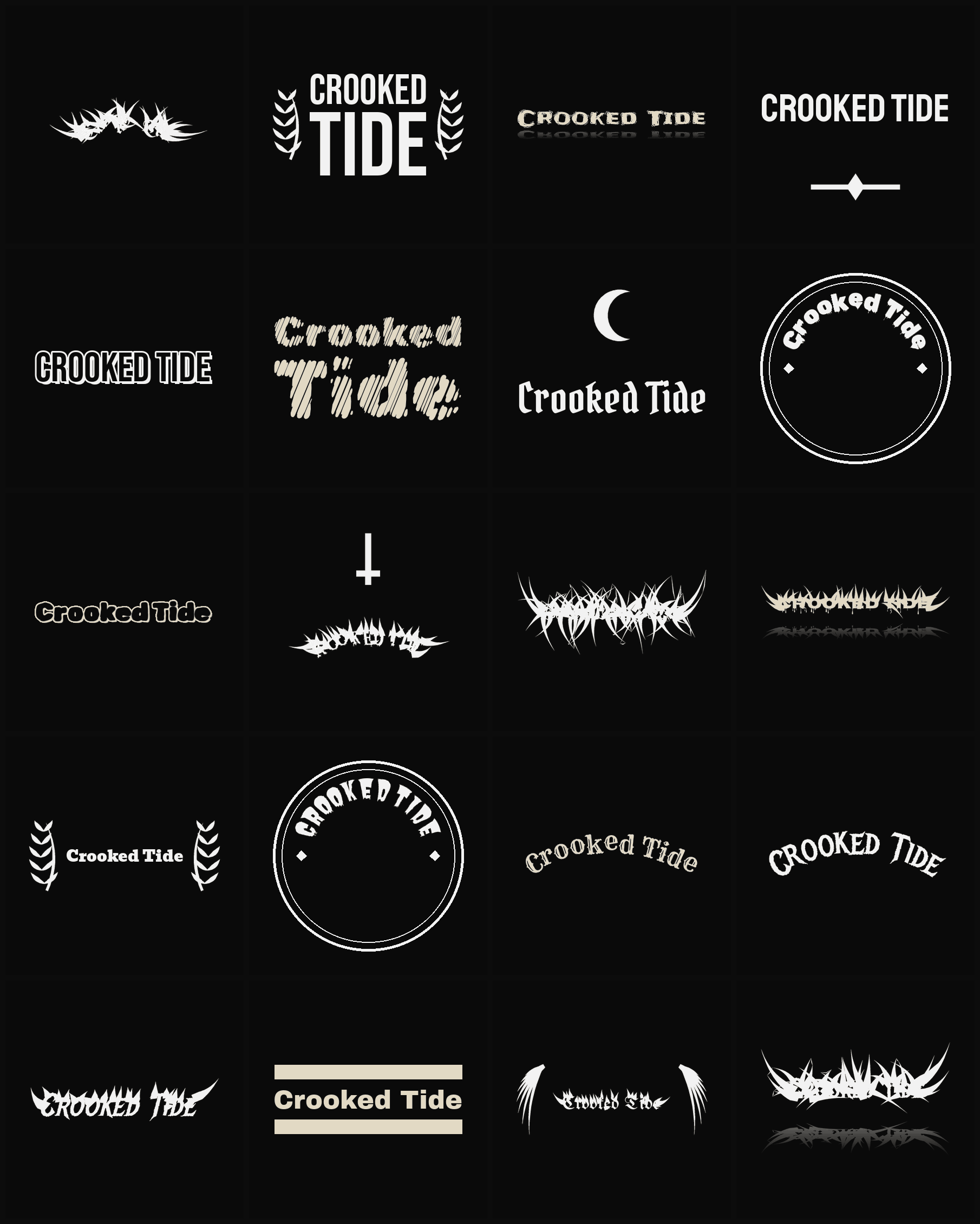 Twenty Crooked Tide band logo ideas — different faces, treatments and spike settings