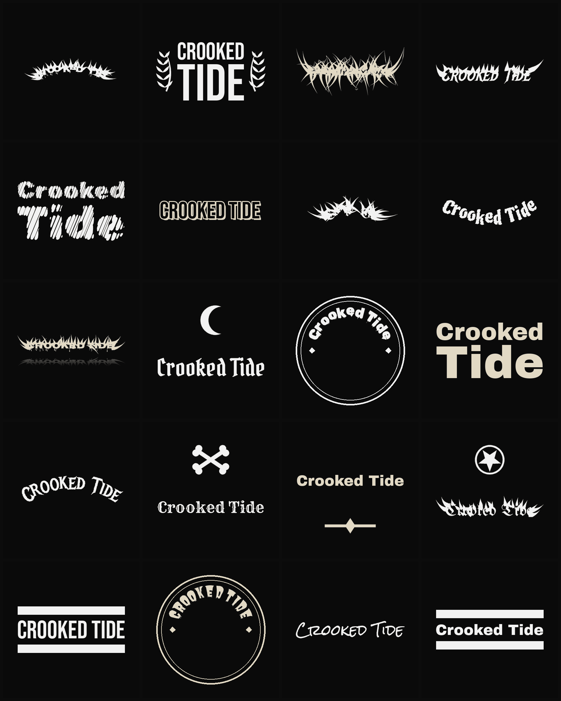 Twenty Crooked Tide band logo ideas — different faces, treatments and spike settings