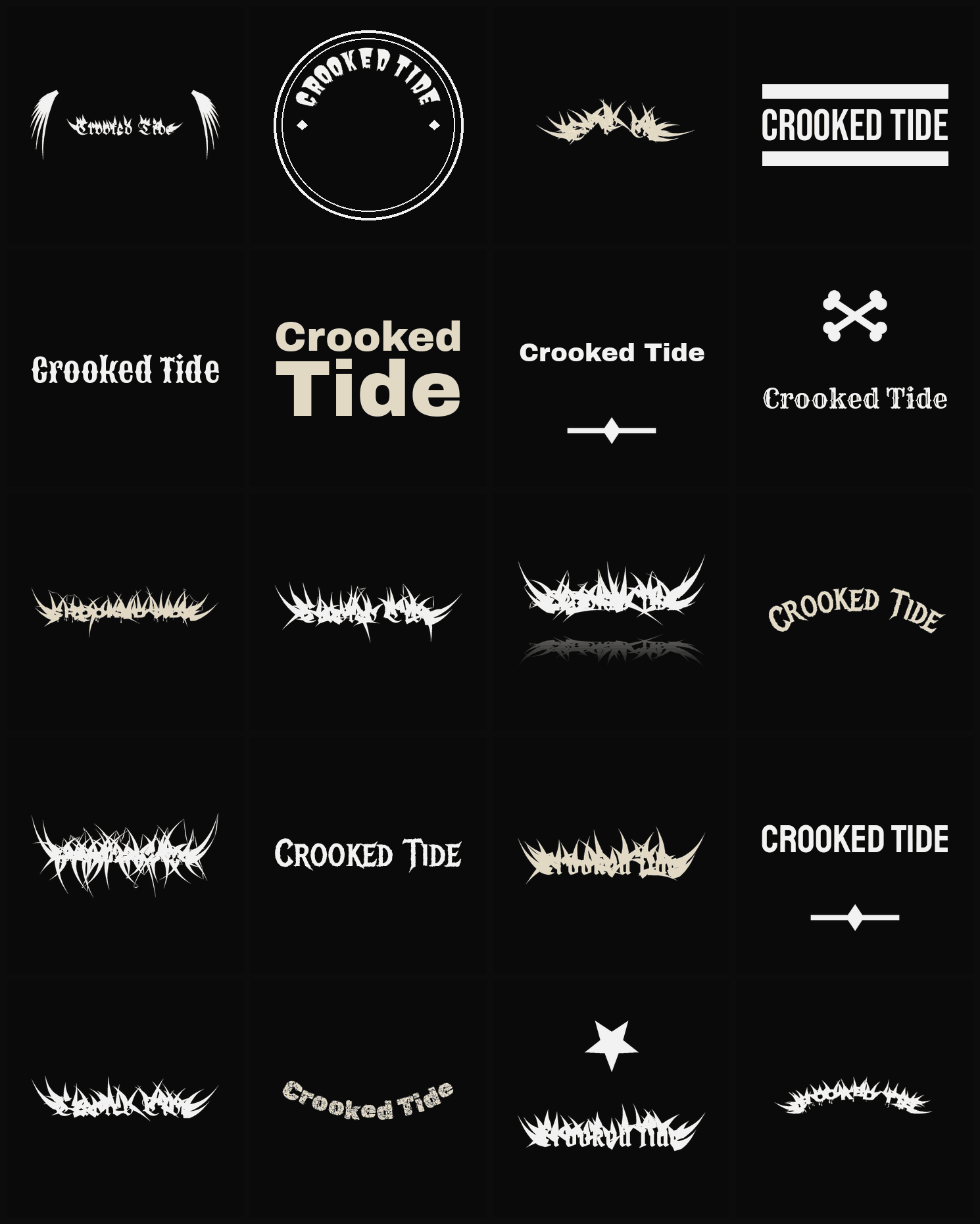 Twenty Crooked Tide band logo ideas — different faces, treatments and spike settings