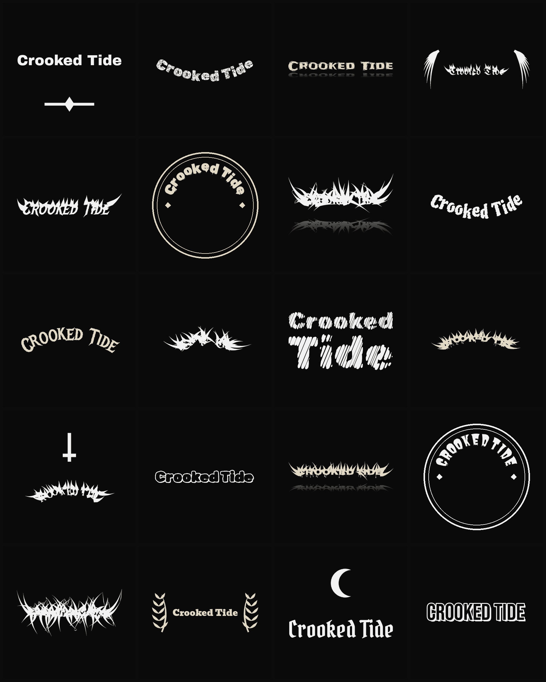 Twenty Crooked Tide band logo ideas — different faces, treatments and spike settings