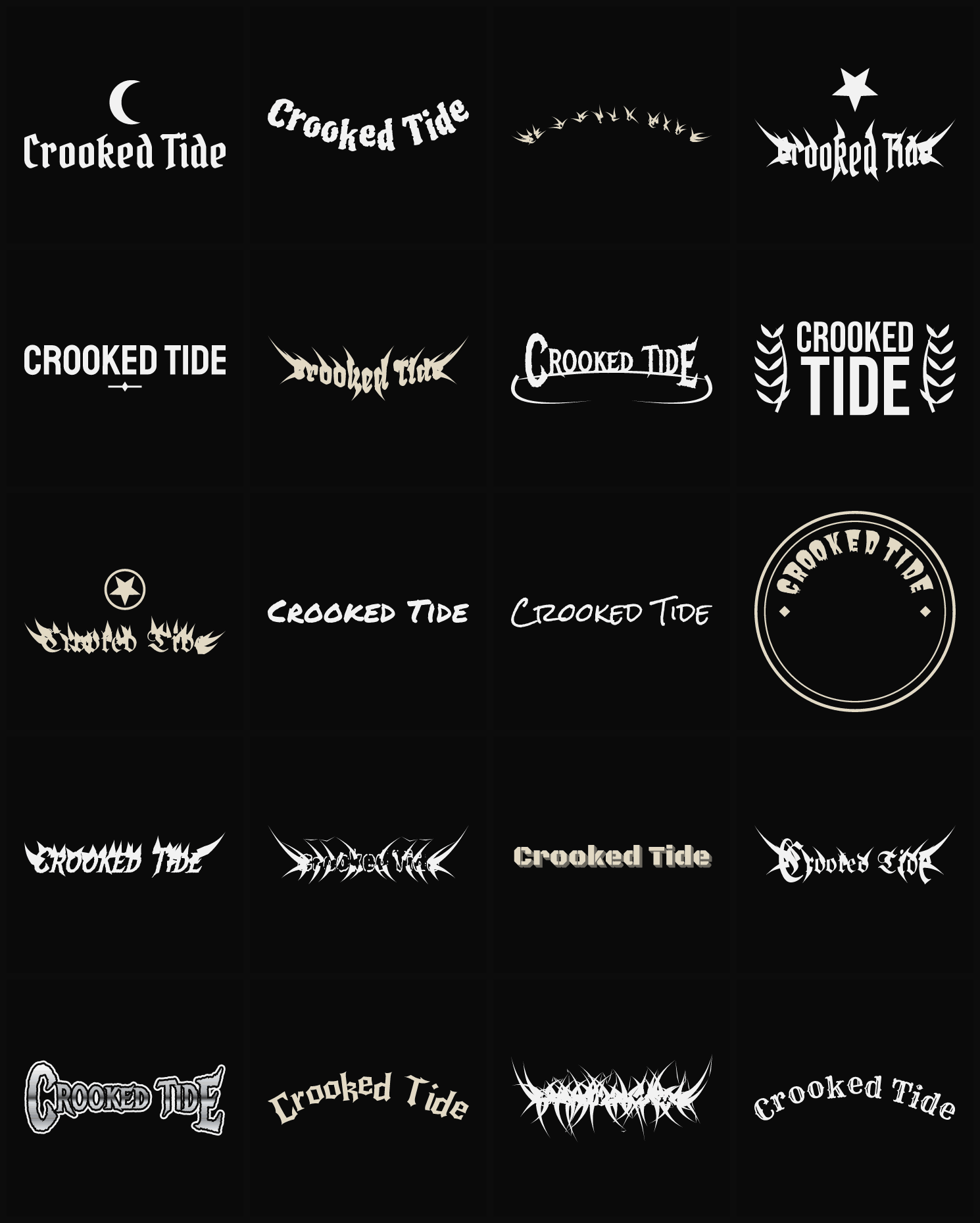 Twenty Crooked Tide band logo ideas — different faces, treatments and spike settings