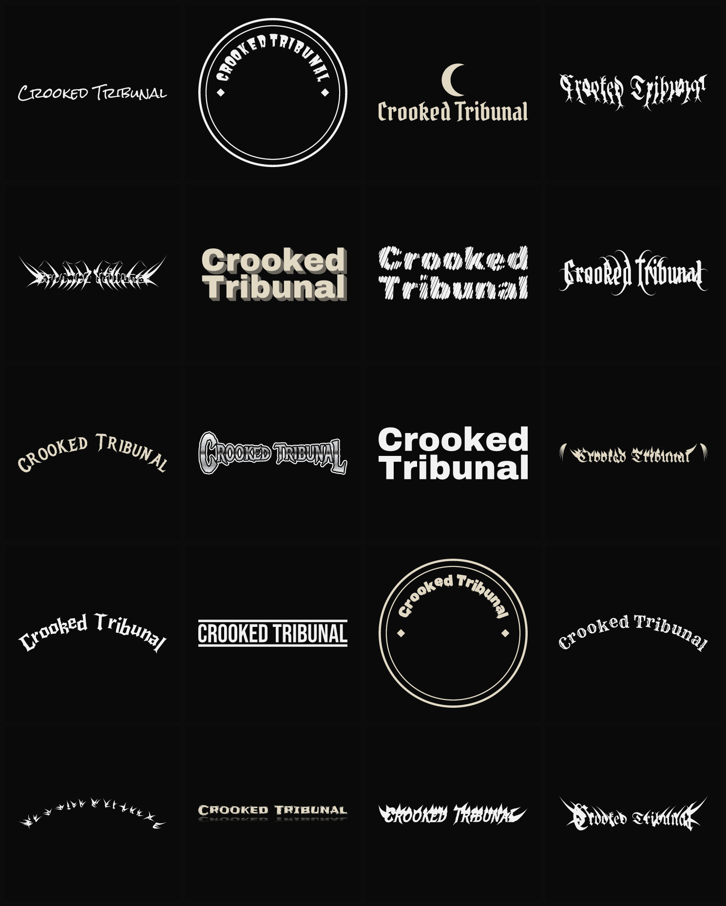 Twenty Crooked Tribunal band logo ideas — different faces, treatments and spike settings