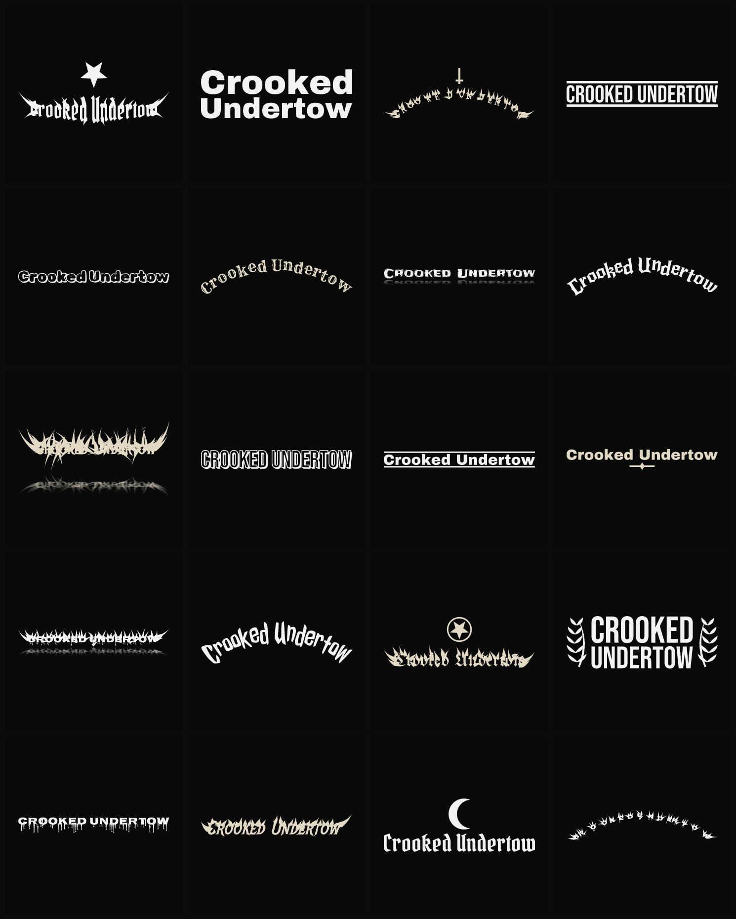 Twenty Crooked Undertow band logo ideas — different faces, treatments and spike settings
