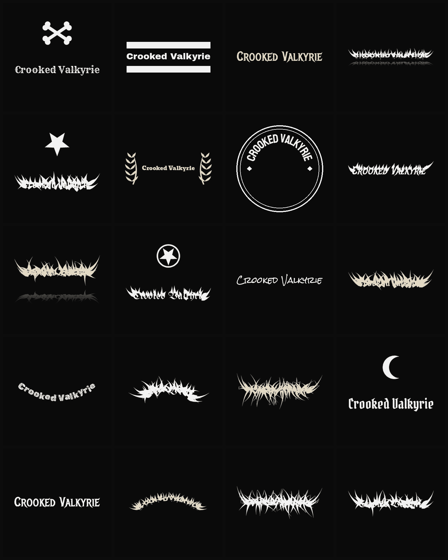 Twenty Crooked Valkyrie band logo ideas — different faces, treatments and spike settings