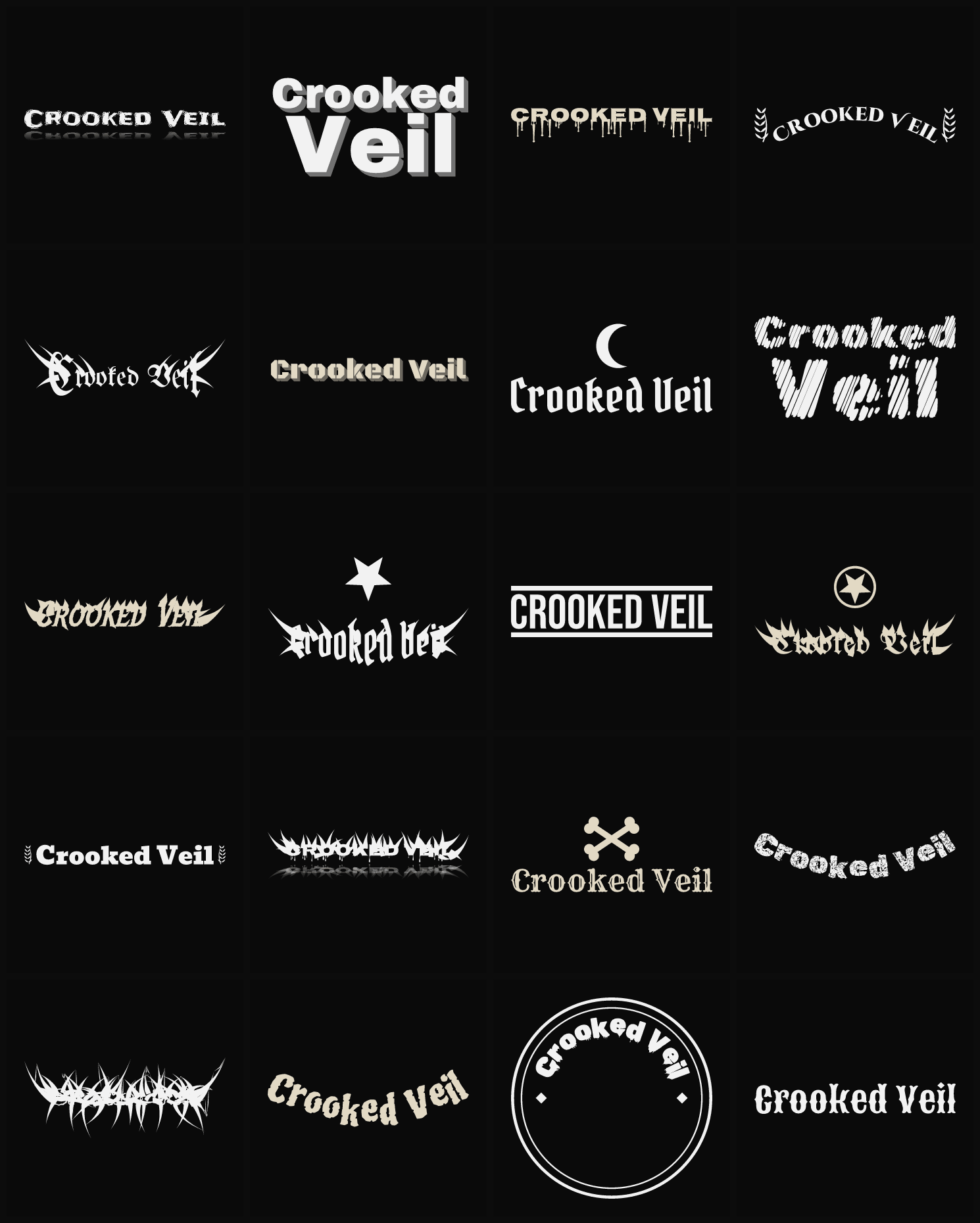 Twenty Crooked Veil band logo ideas — different faces, treatments and spike settings