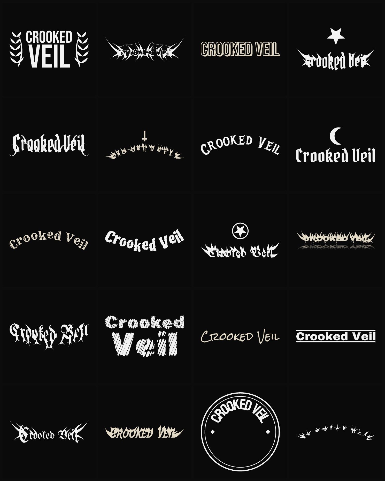 Twenty Crooked Veil band logo ideas — different faces, treatments and spike settings