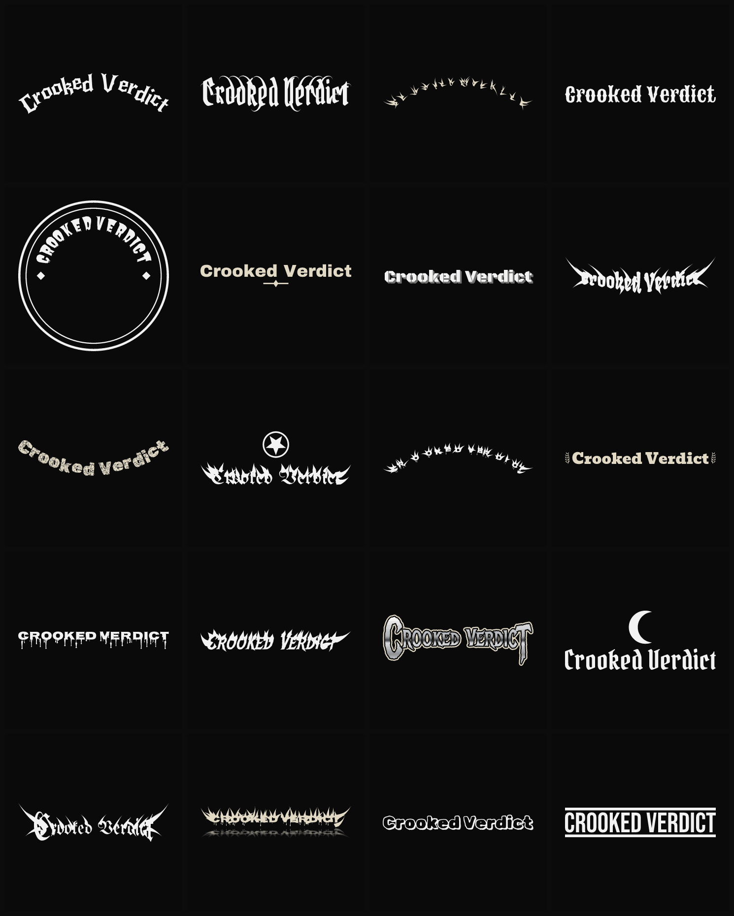 Twenty Crooked Verdict band logo ideas — different faces, treatments and spike settings