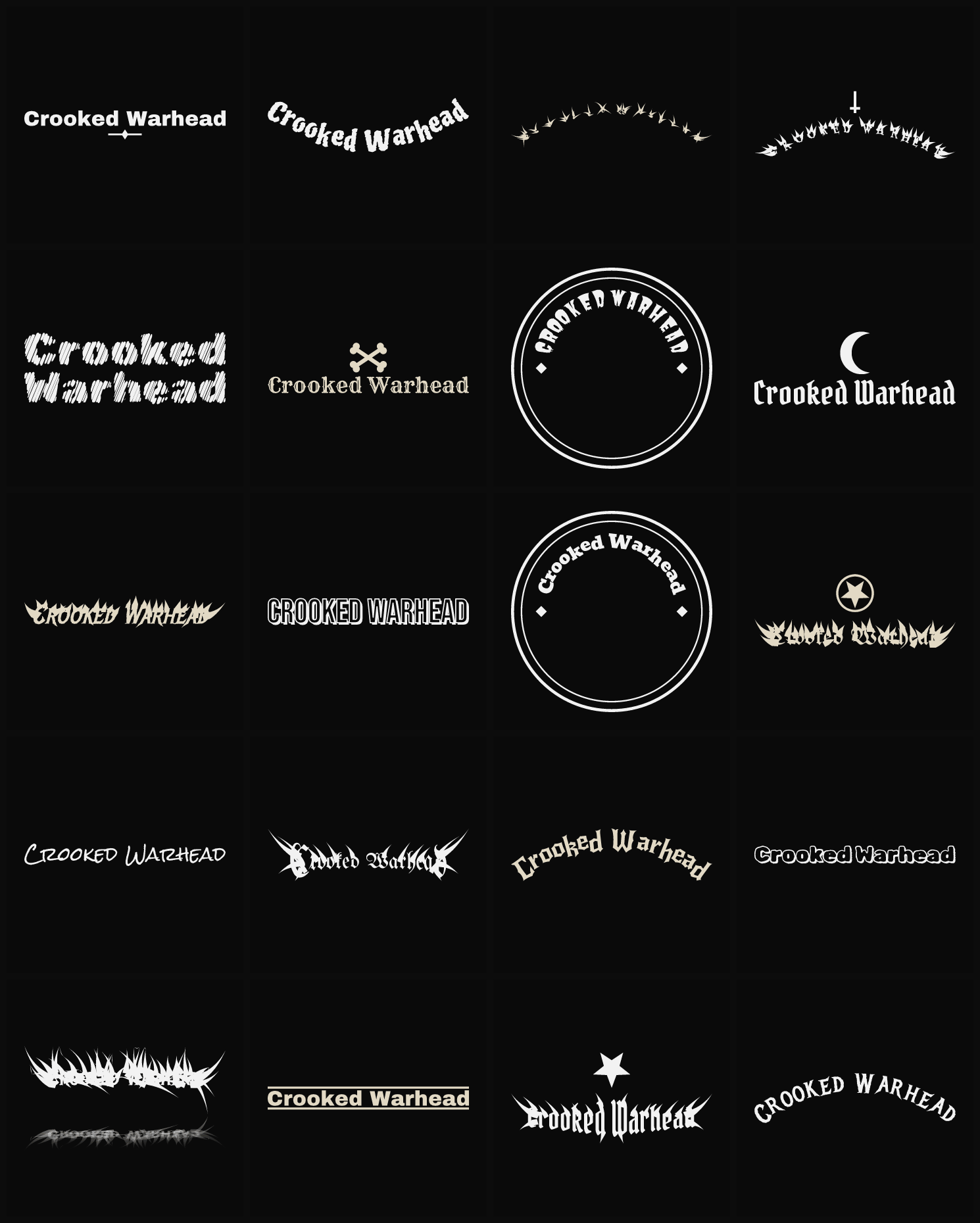 Twenty Crooked Warhead band logo ideas — different faces, treatments and spike settings