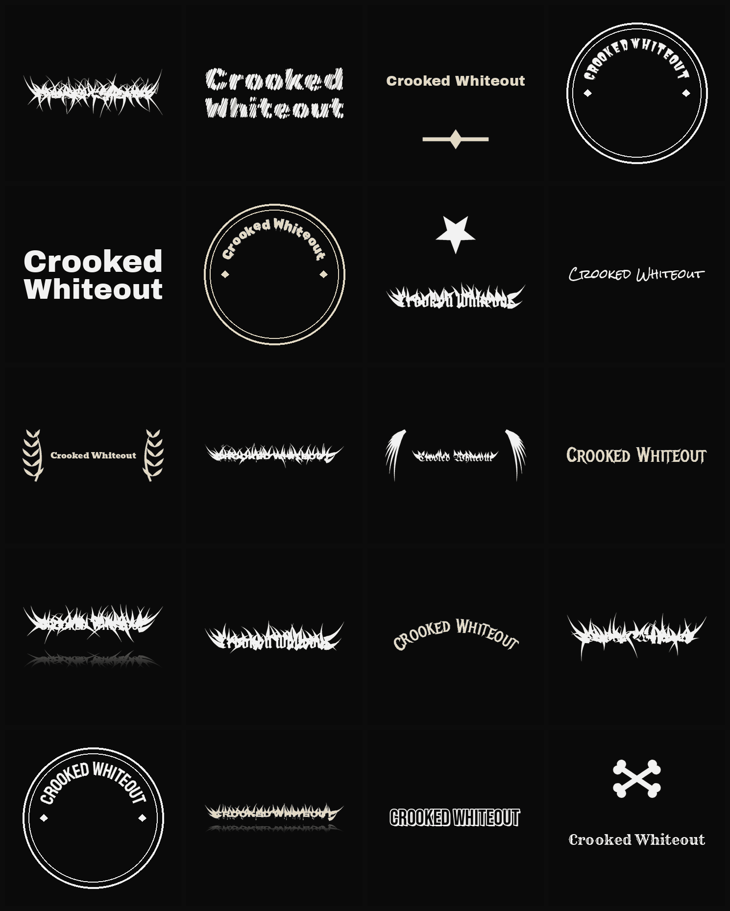 Twenty Crooked Whiteout band logo ideas — different faces, treatments and spike settings