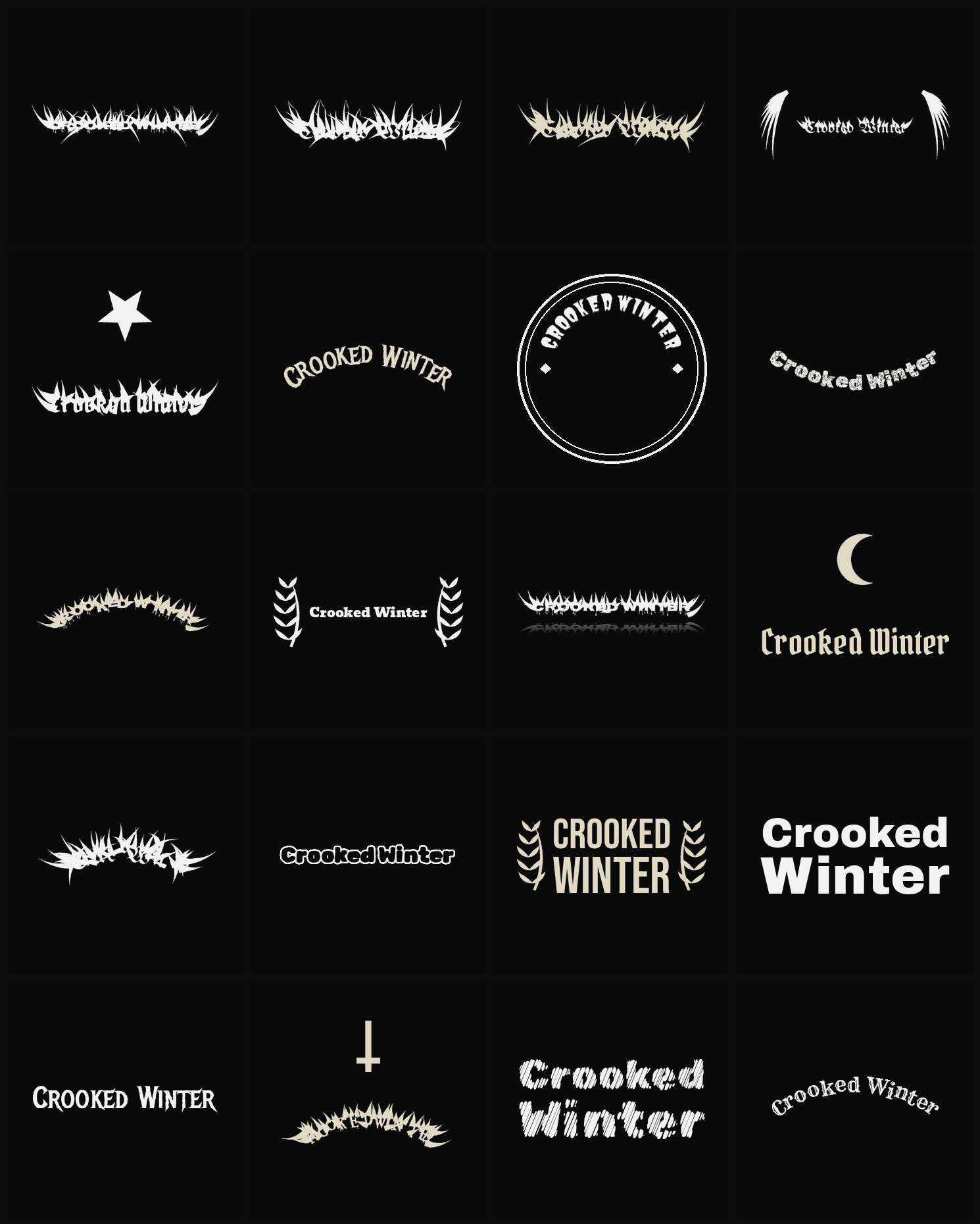 Twenty Crooked Winter band logo ideas — different faces, treatments and spike settings