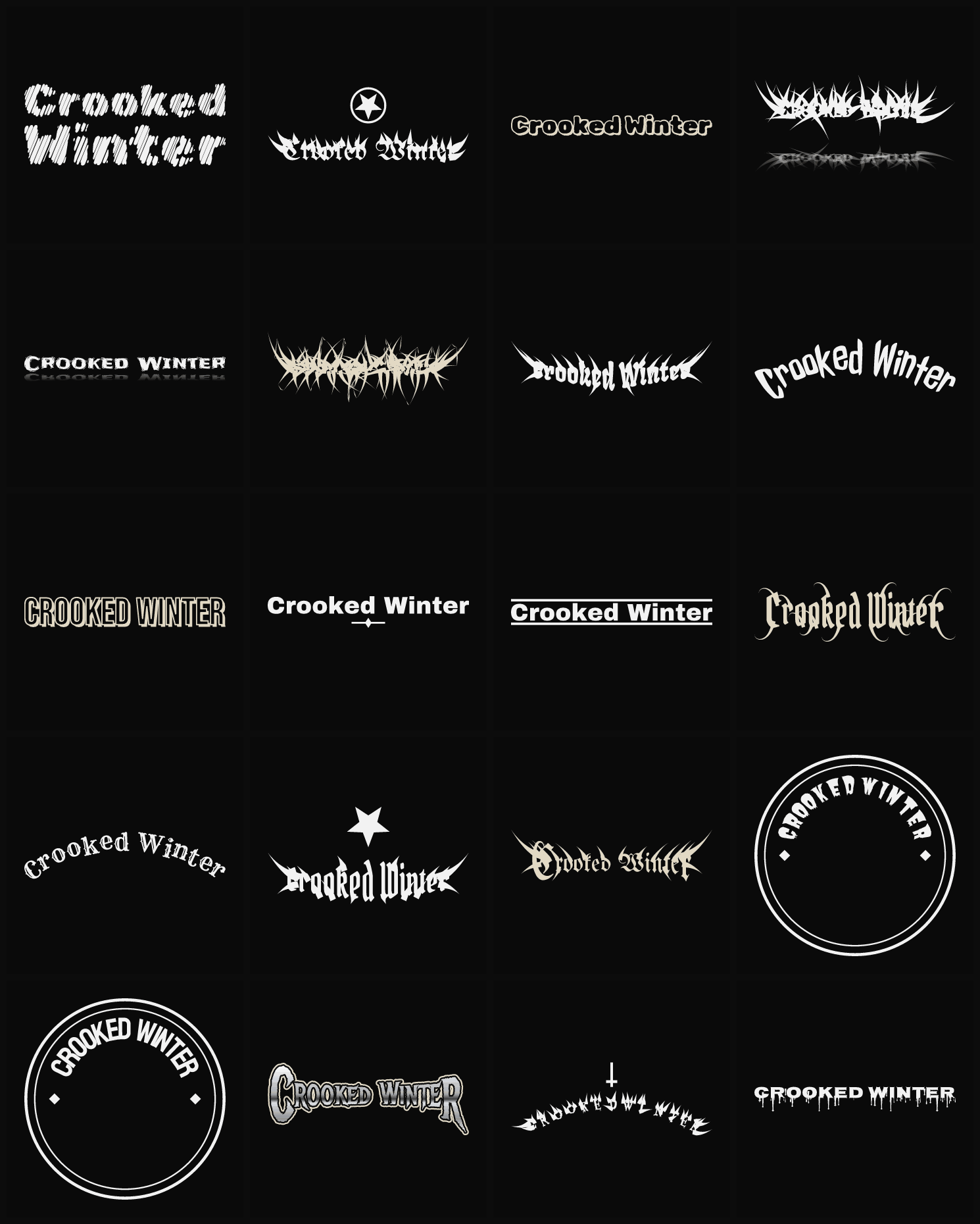 Twenty Crooked Winter band logo ideas — different faces, treatments and spike settings