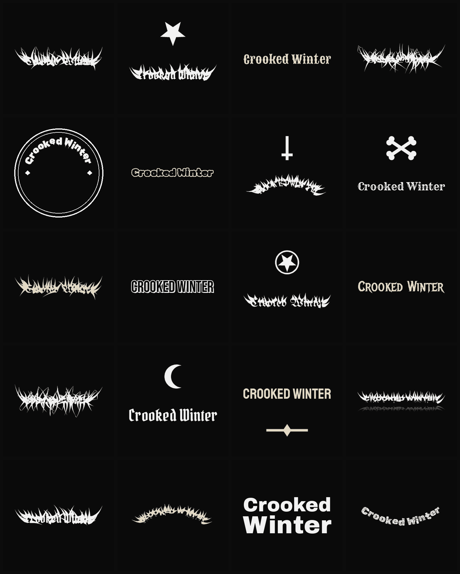 Twenty Crooked Winter band logo ideas — different faces, treatments and spike settings