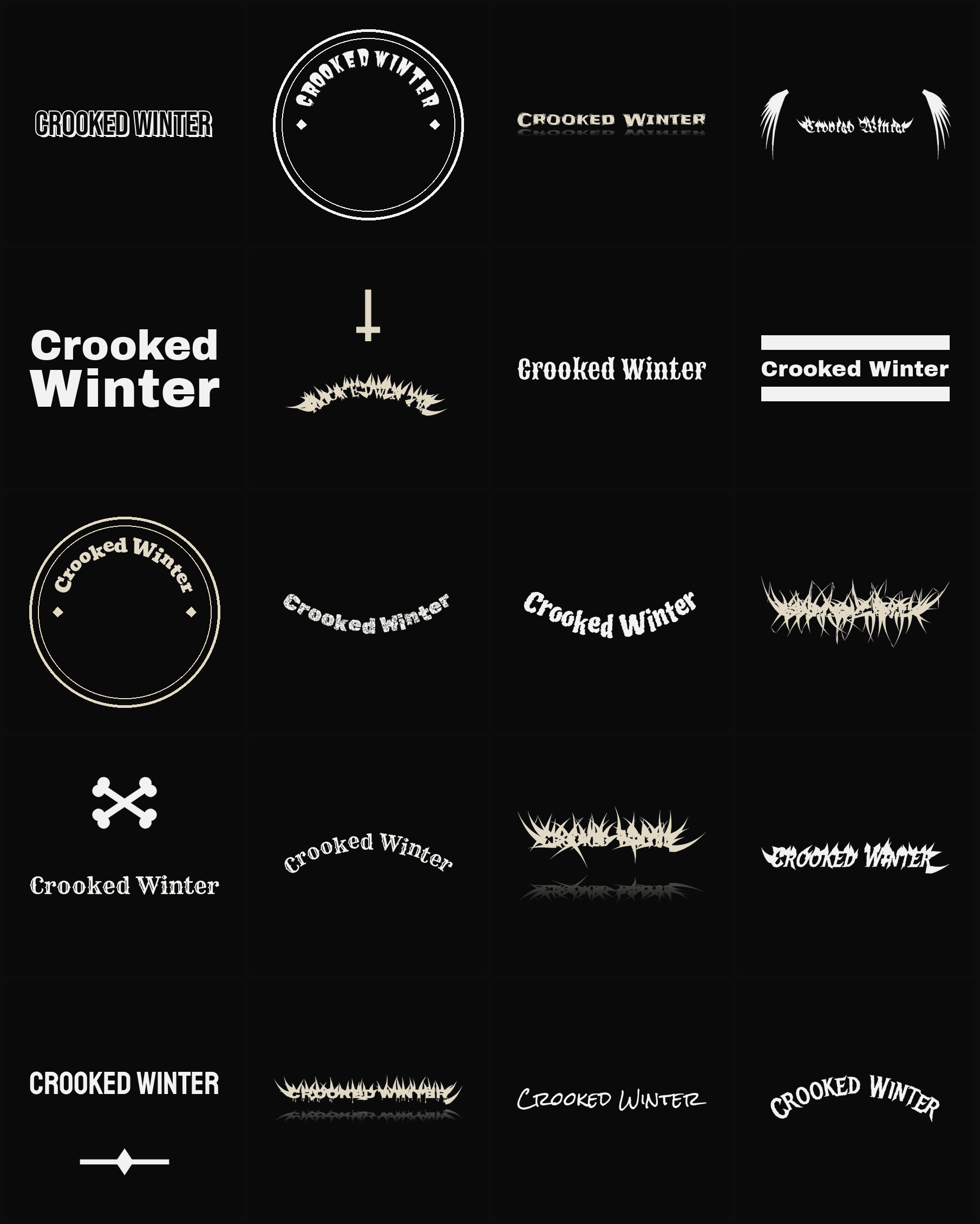Twenty Crooked Winter band logo ideas — different faces, treatments and spike settings