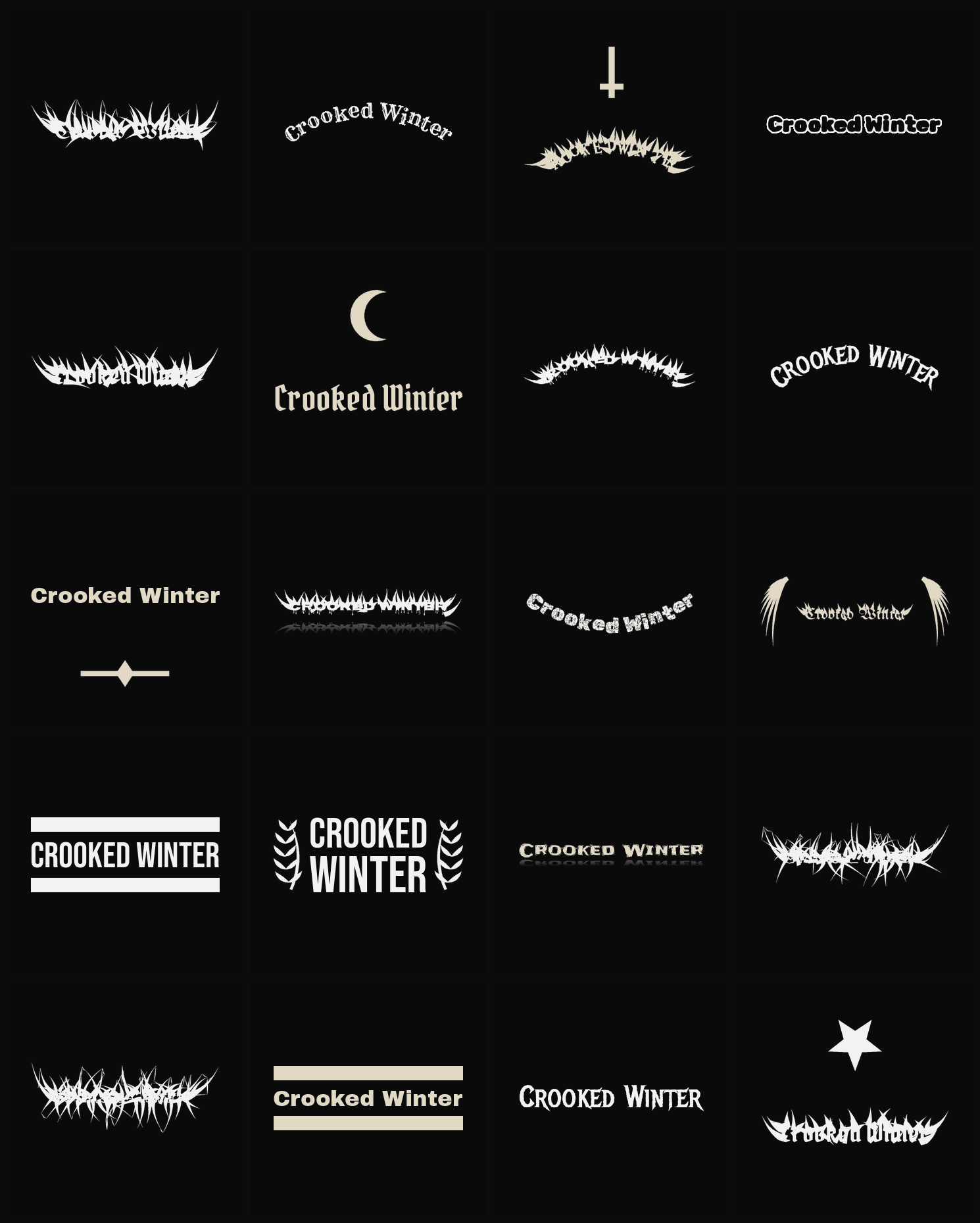 Twenty Crooked Winter band logo ideas — different faces, treatments and spike settings