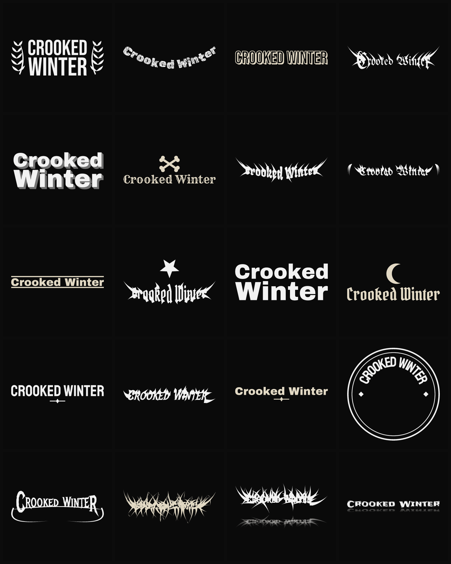 Twenty Crooked Winter band logo ideas — different faces, treatments and spike settings