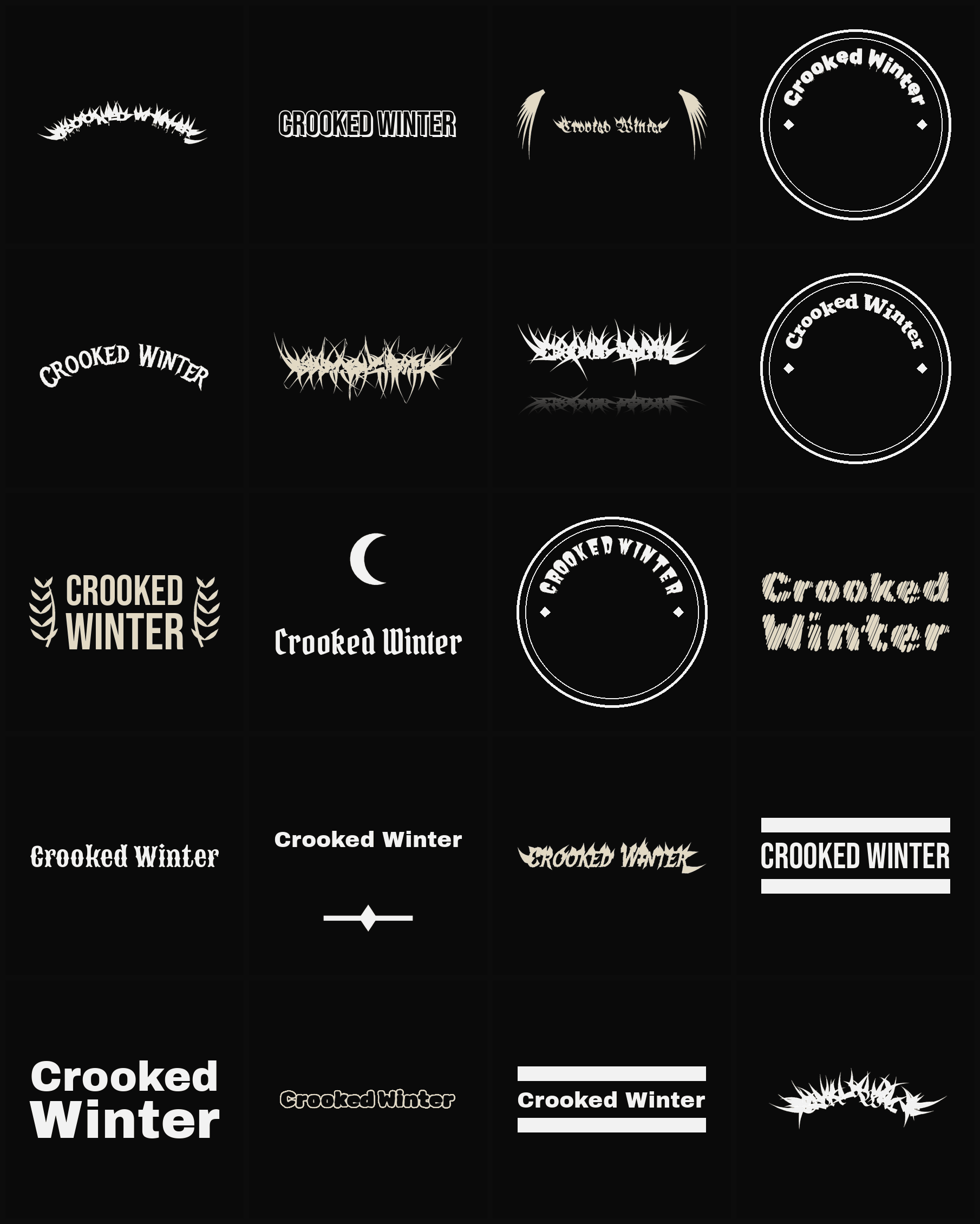 Twenty Crooked Winter band logo ideas — different faces, treatments and spike settings