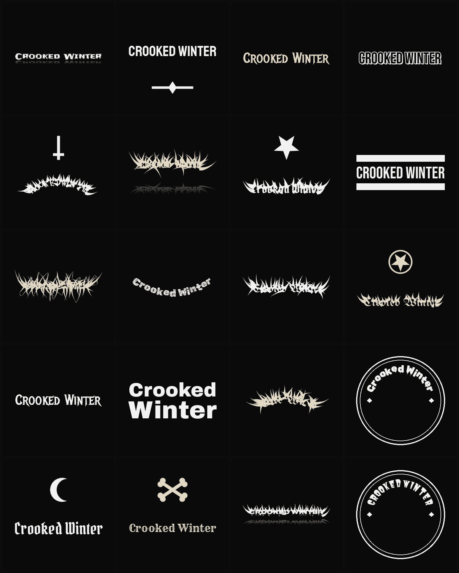 Twenty Crooked Winter band logo ideas — different faces, treatments and spike settings