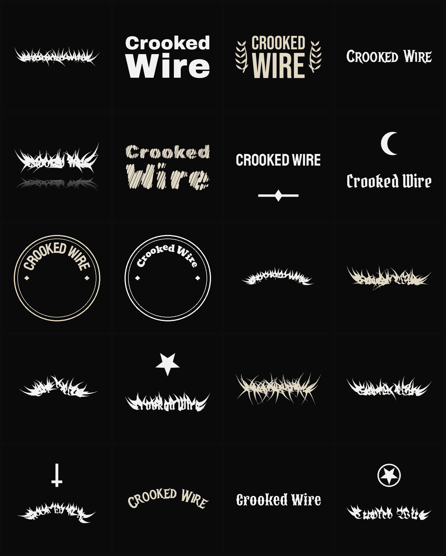 Twenty Crooked Wire band logo ideas — different faces, treatments and spike settings