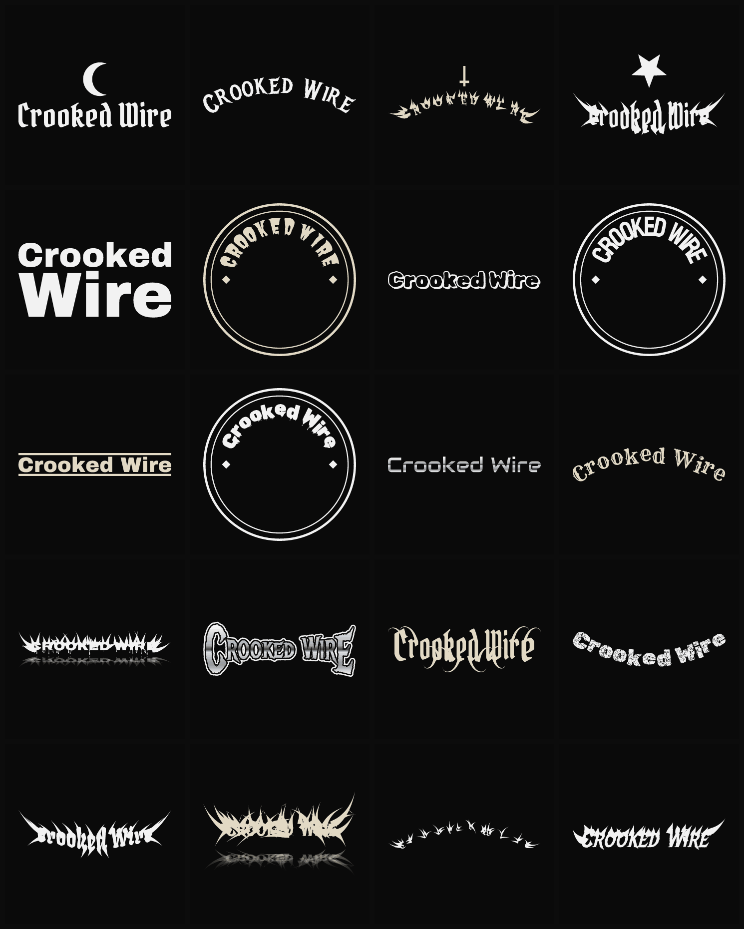 Twenty Crooked Wire band logo ideas — different faces, treatments and spike settings