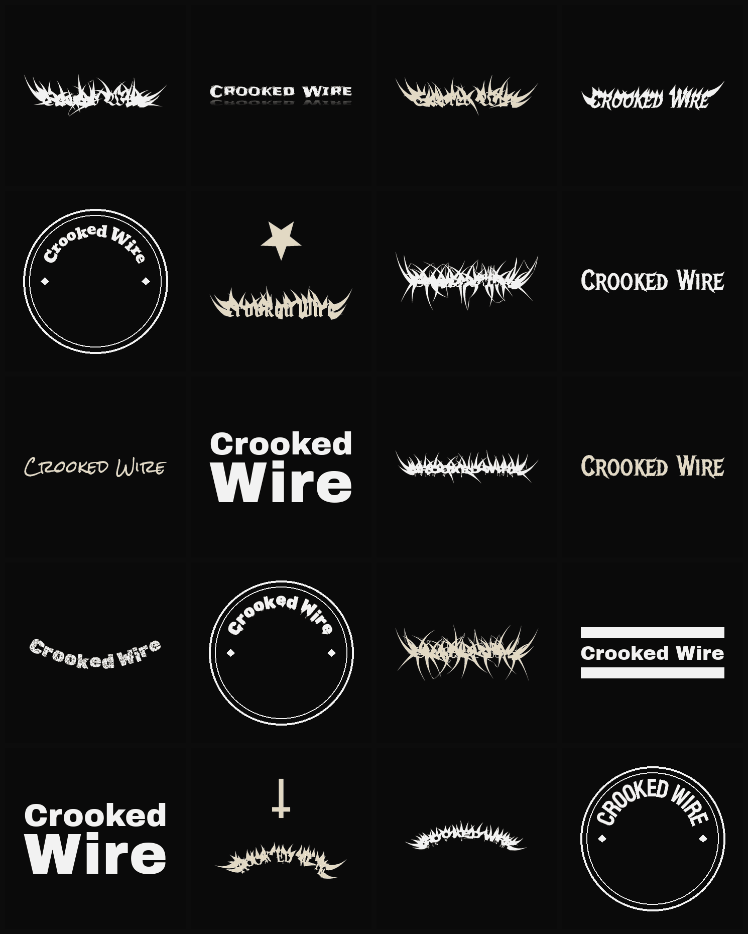Twenty Crooked Wire band logo ideas — different faces, treatments and spike settings