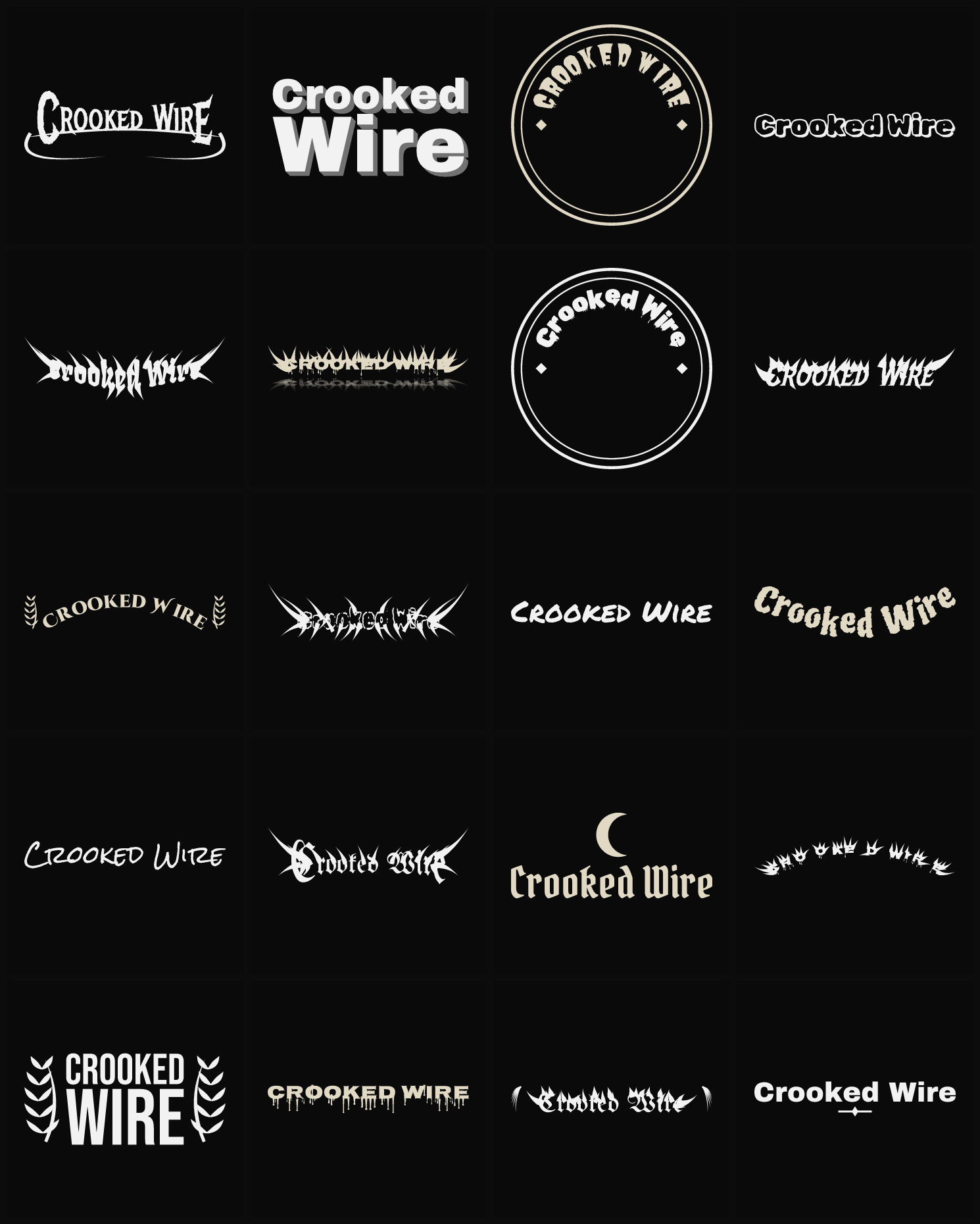 Twenty Crooked Wire band logo ideas — different faces, treatments and spike settings