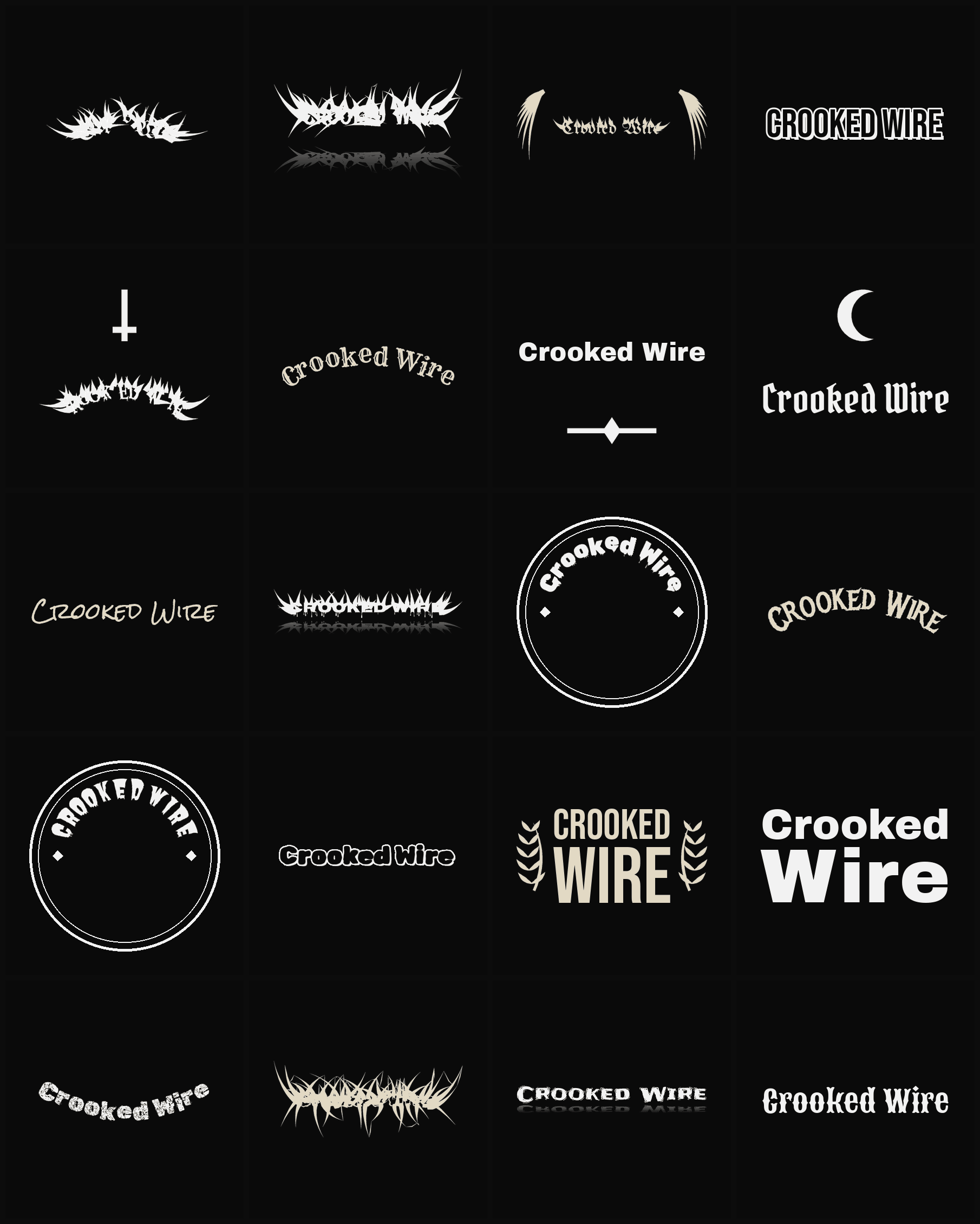 Twenty Crooked Wire band logo ideas — different faces, treatments and spike settings